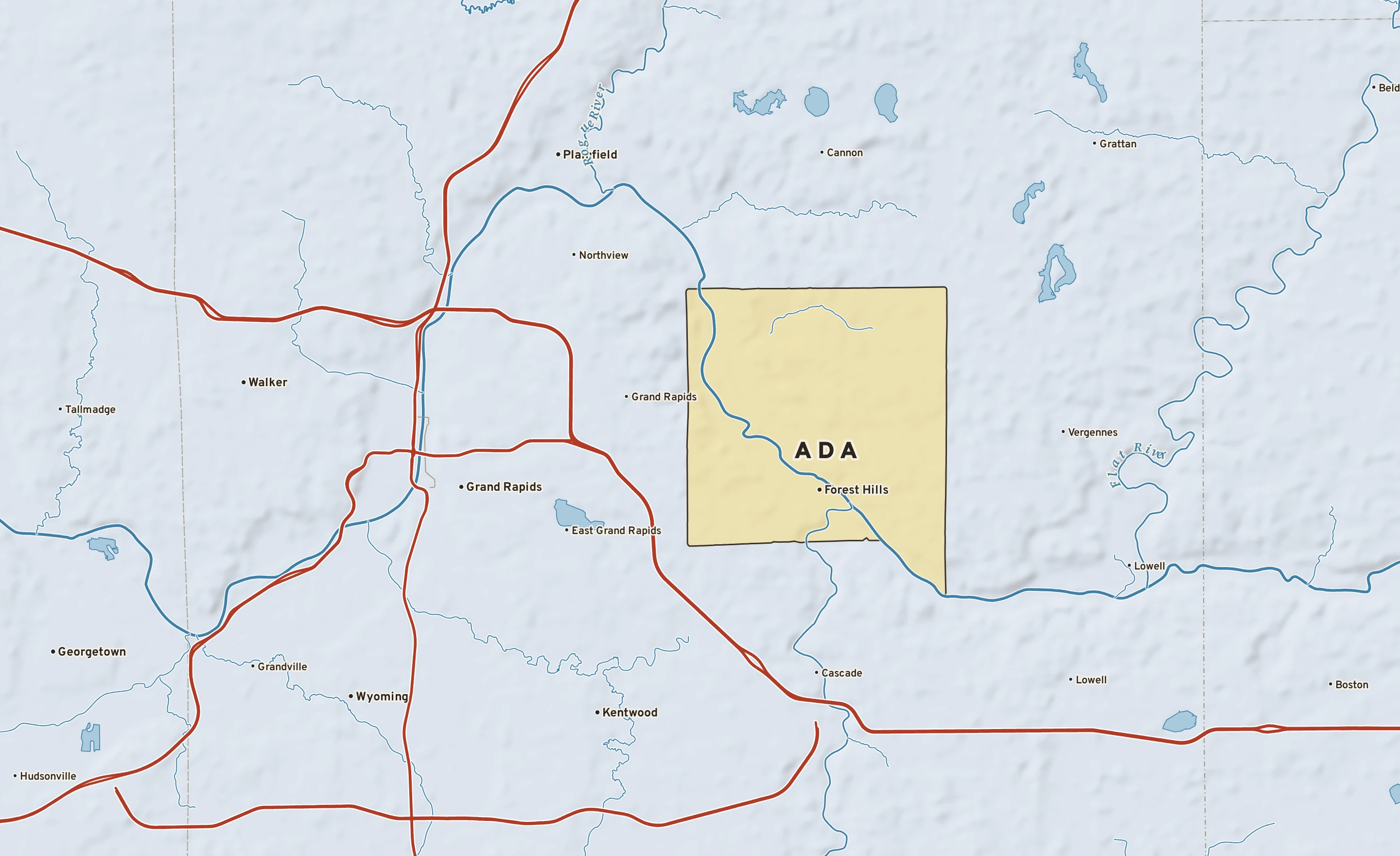 Shaded-relief atlas plate of Ada, Michigan: rivers, roads, the city limits and where the water drains.