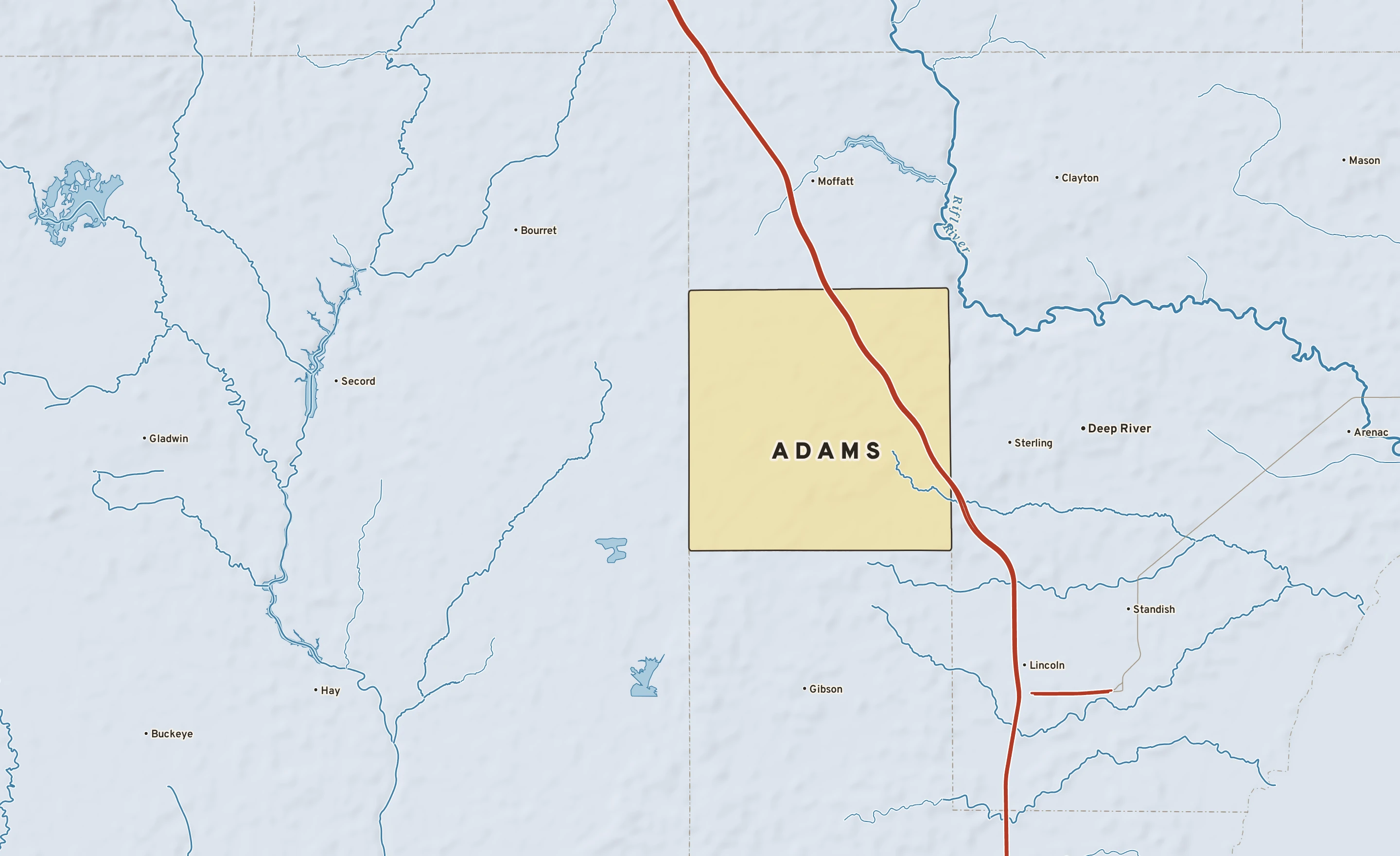 Shaded-relief atlas plate of Adams, Michigan: rivers, roads, the city limits and where the water drains.