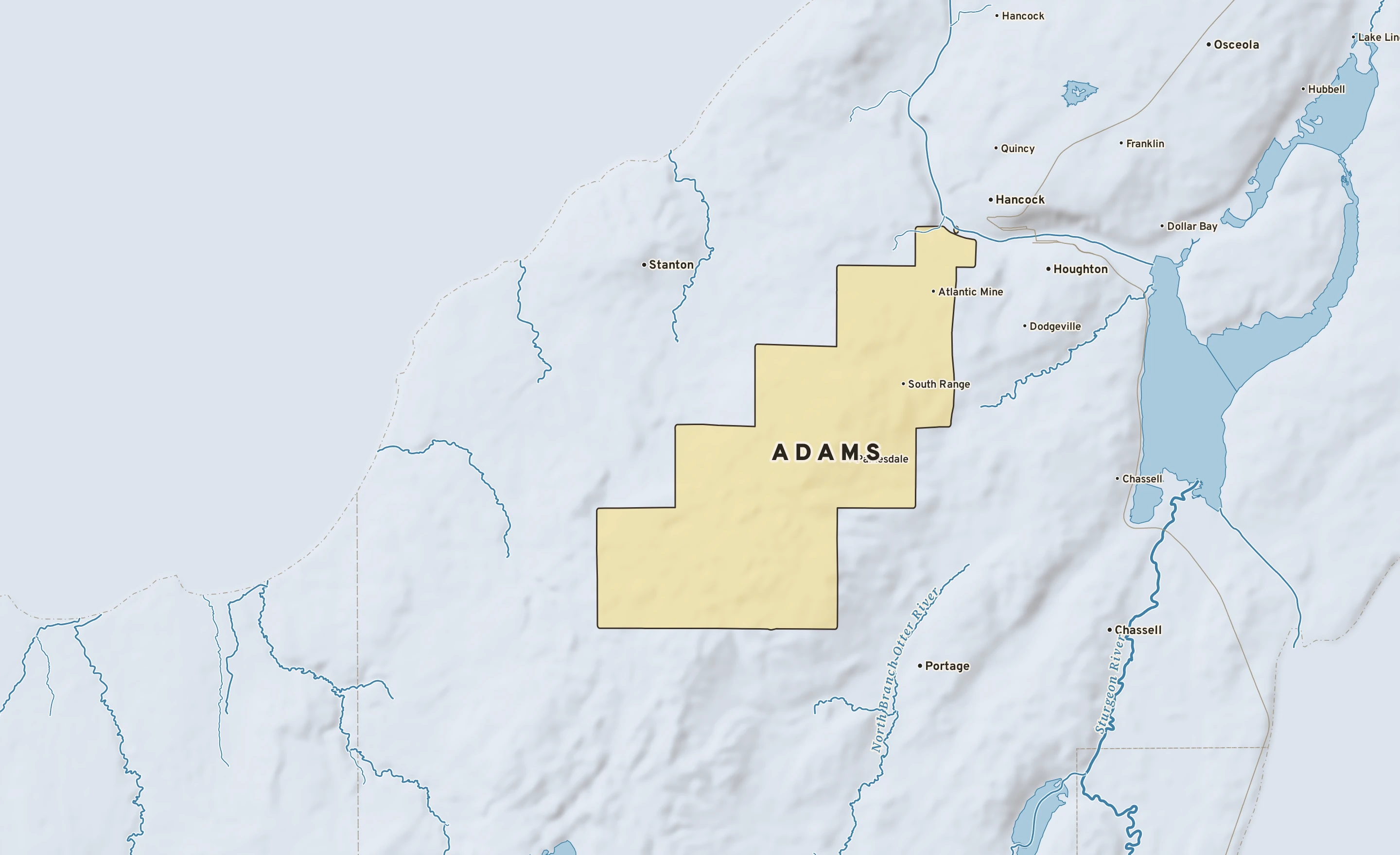 Shaded-relief atlas plate of Adams, Michigan: rivers, roads, the city limits and where the water drains.