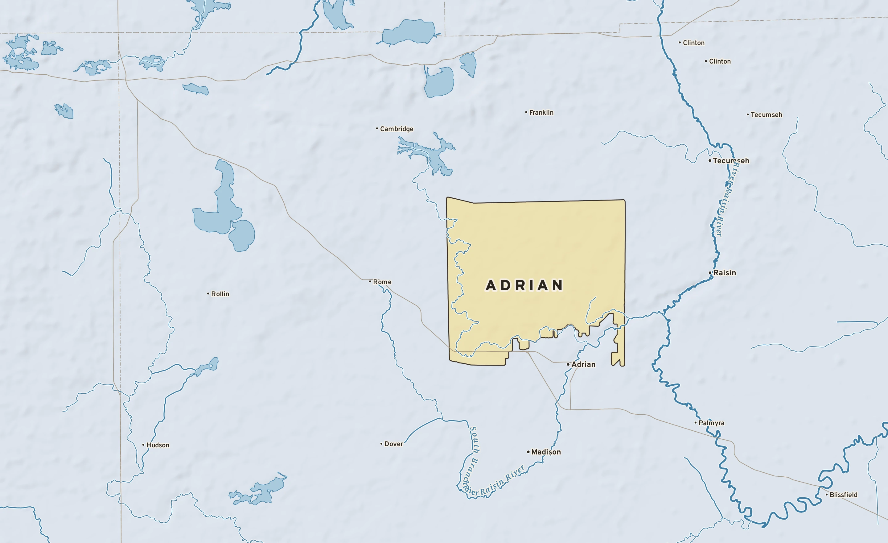 Shaded-relief atlas plate of Adrian, Michigan: rivers, roads, the city limits and where the water drains.