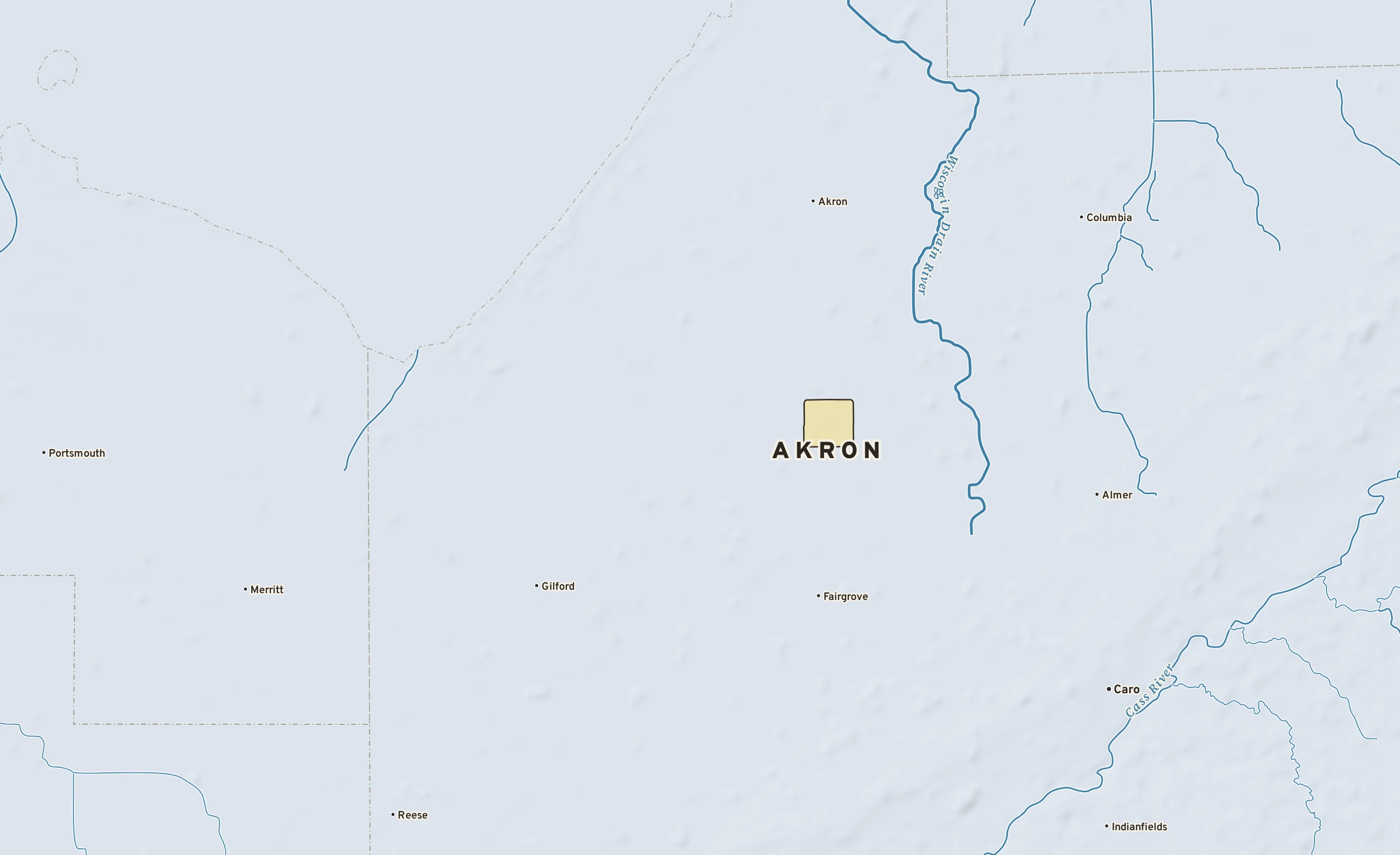 Shaded-relief atlas plate of Akron, Michigan: rivers, roads, the city limits and where the water drains.