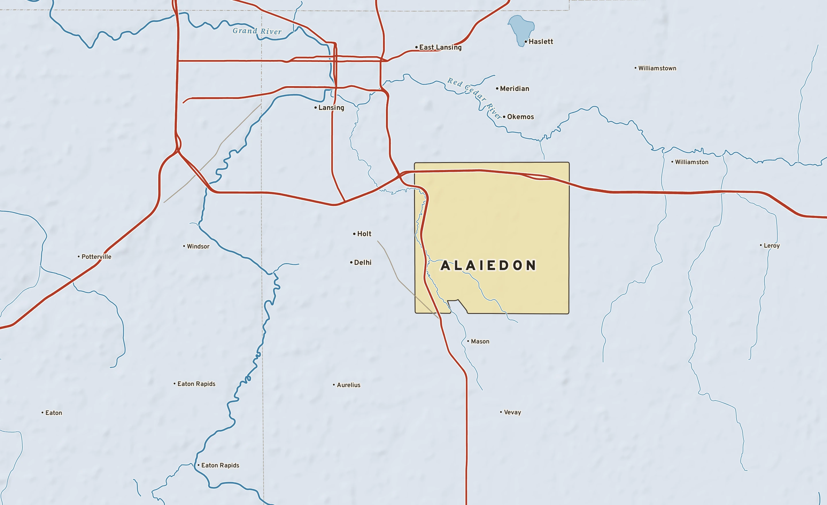 Shaded-relief atlas plate of Alaiedon, Michigan: rivers, roads, the city limits and where the water drains.