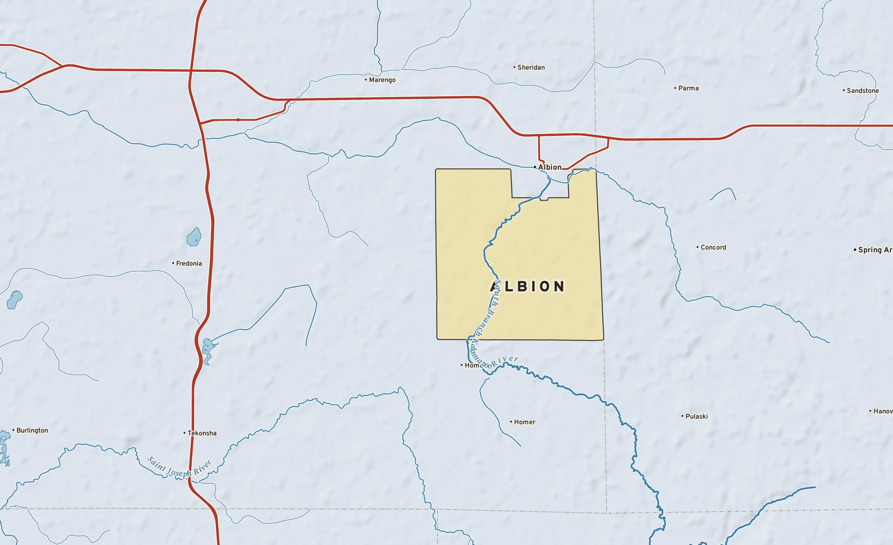 Shaded-relief atlas plate of Albion, Michigan: rivers, roads, the city limits and where the water drains.