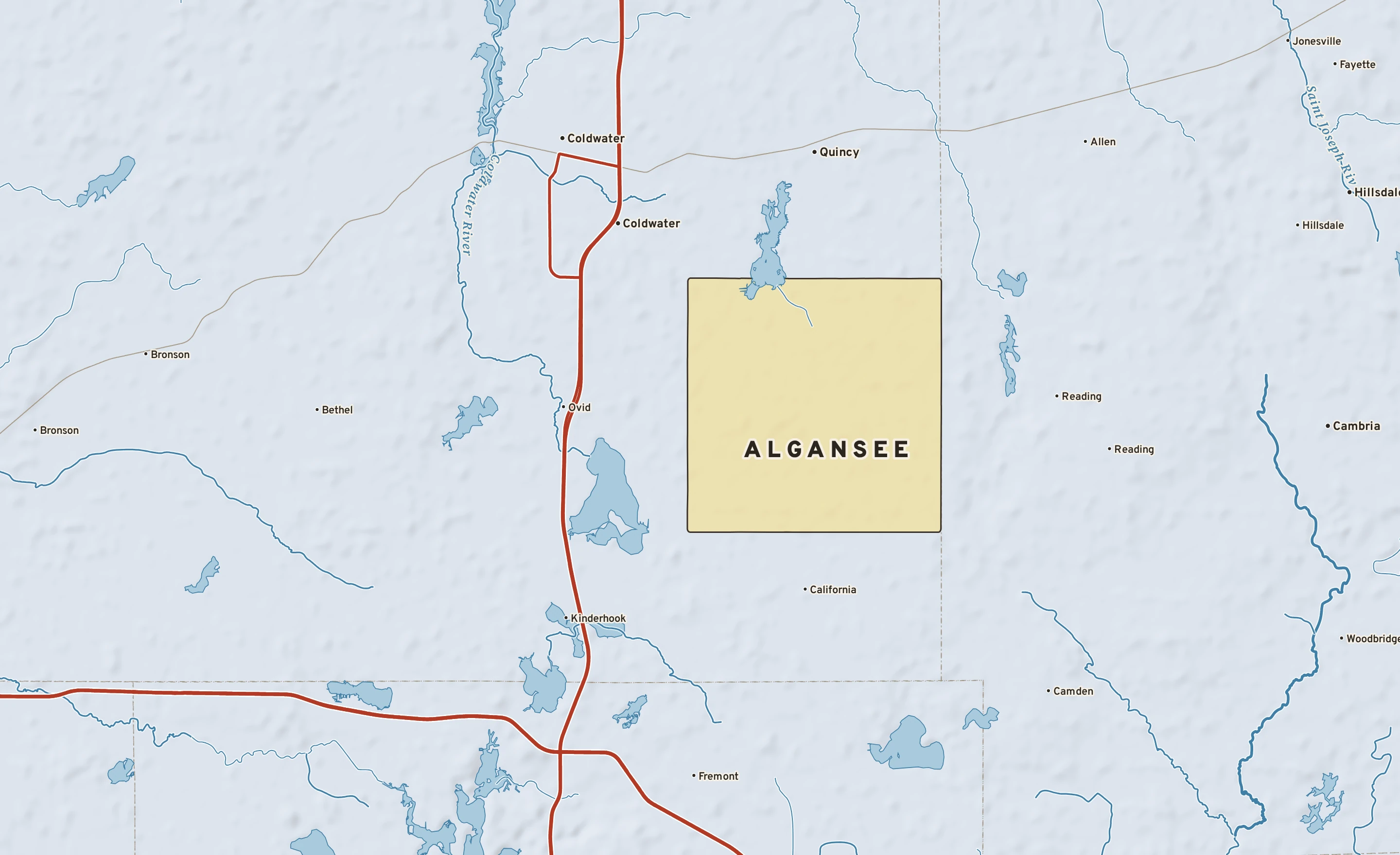 Shaded-relief atlas plate of Algansee, Michigan: rivers, roads, the city limits and where the water drains.
