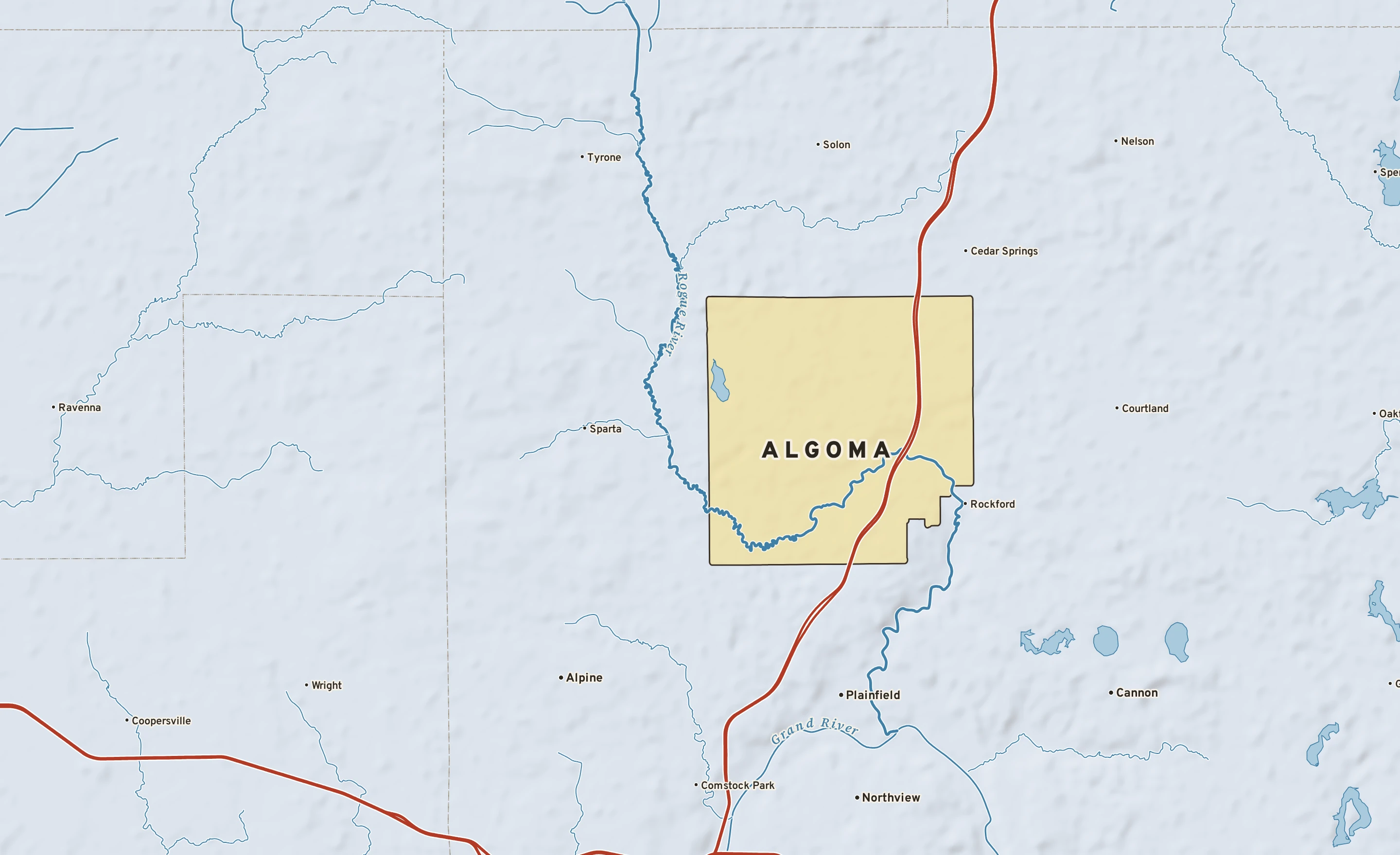Shaded-relief atlas plate of Algoma, Michigan: rivers, roads, the city limits and where the water drains.