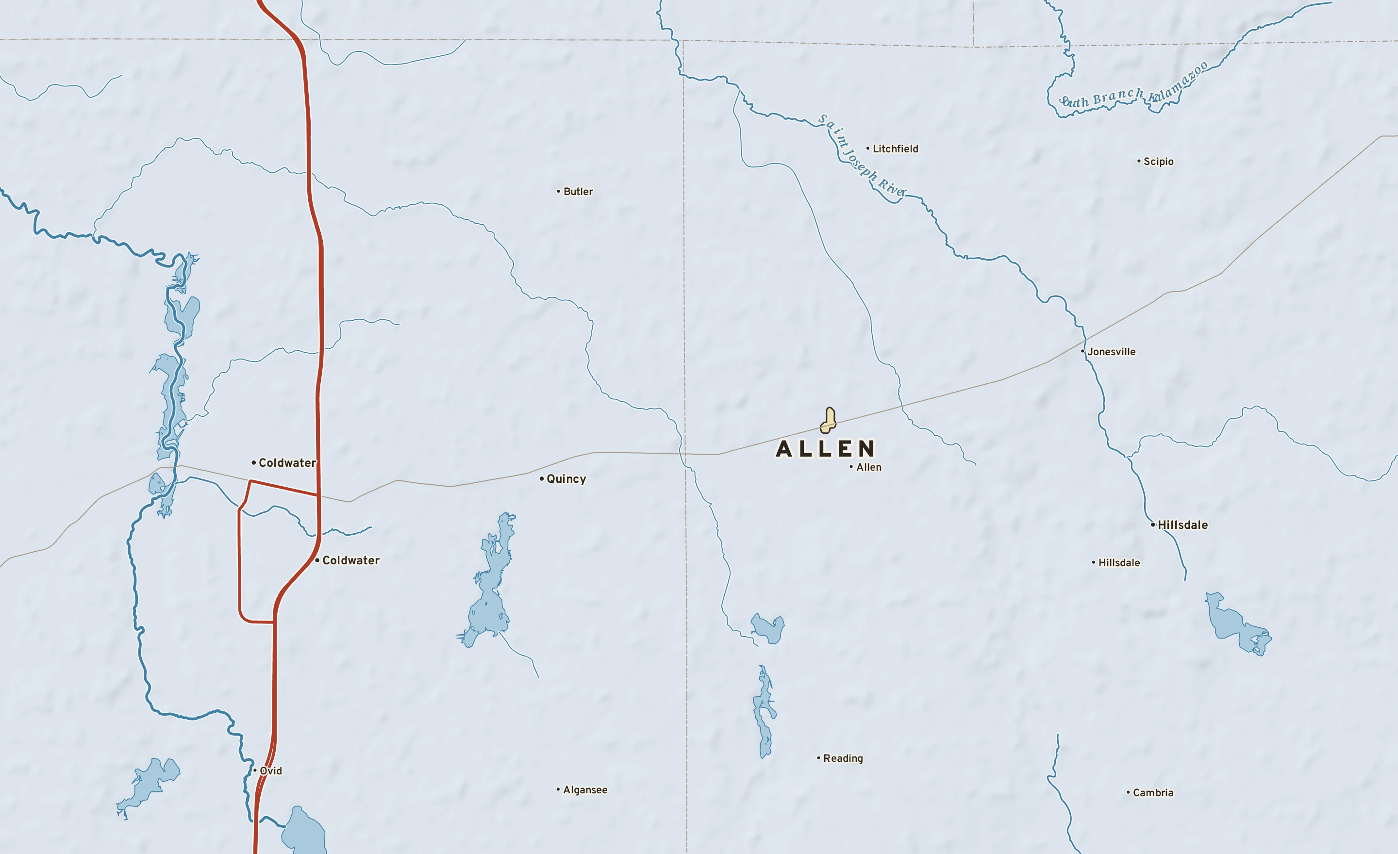 Shaded-relief atlas plate of Allen, Michigan: rivers, roads, the city limits and where the water drains.