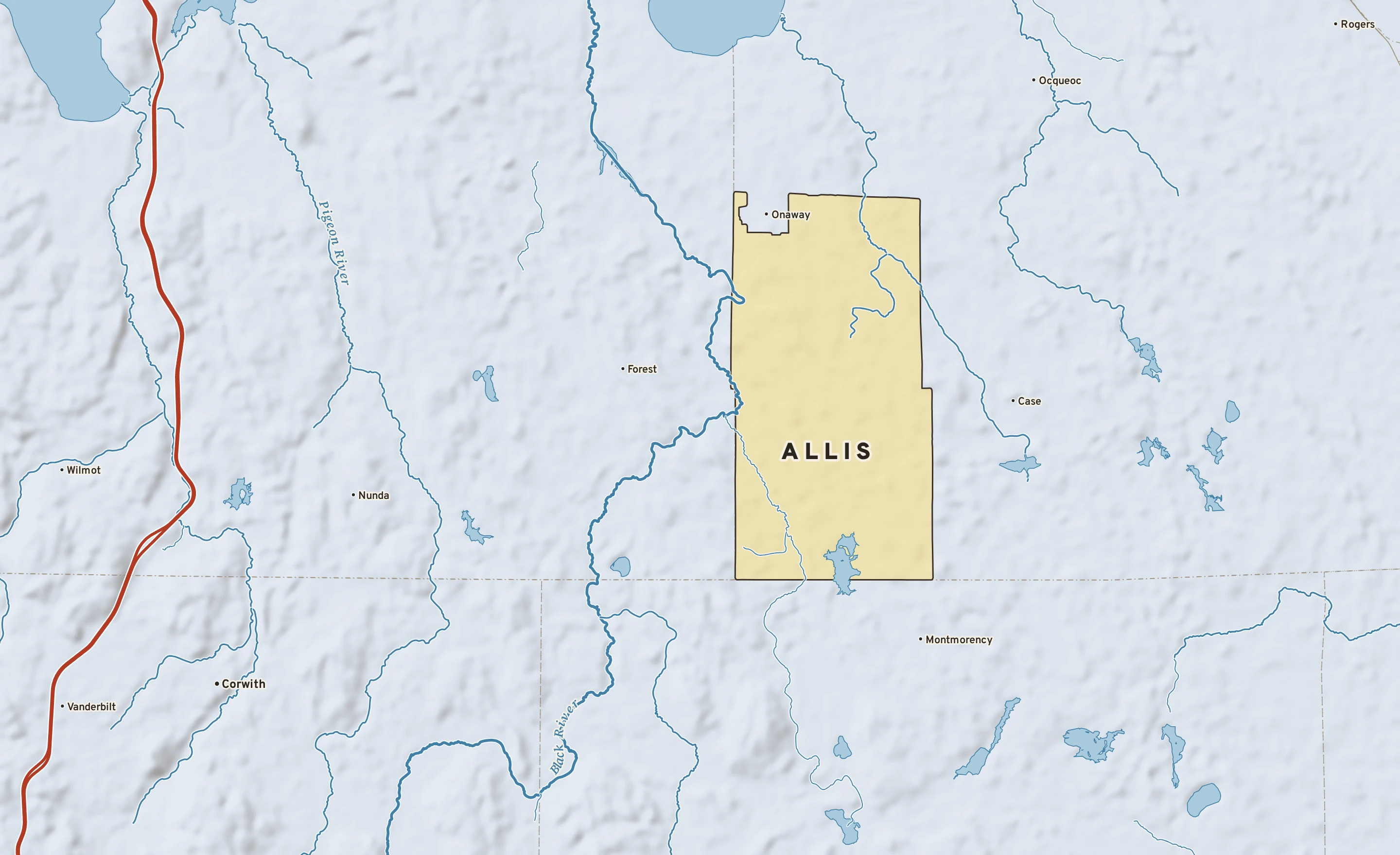 Shaded-relief atlas plate of Allis, Michigan: rivers, roads, the city limits and where the water drains.
