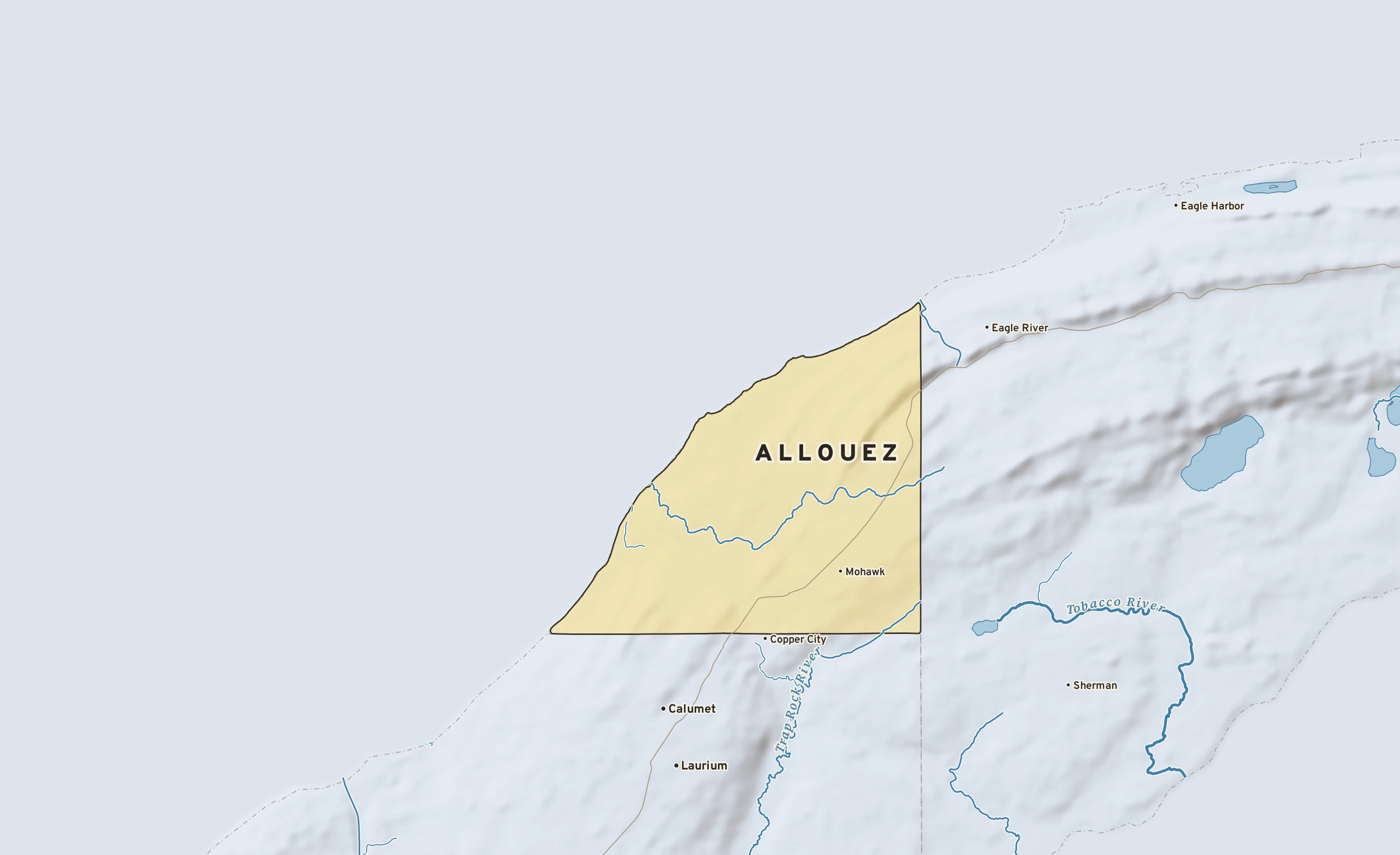 Shaded-relief atlas plate of Allouez, Michigan: rivers, roads, the city limits and where the water drains.