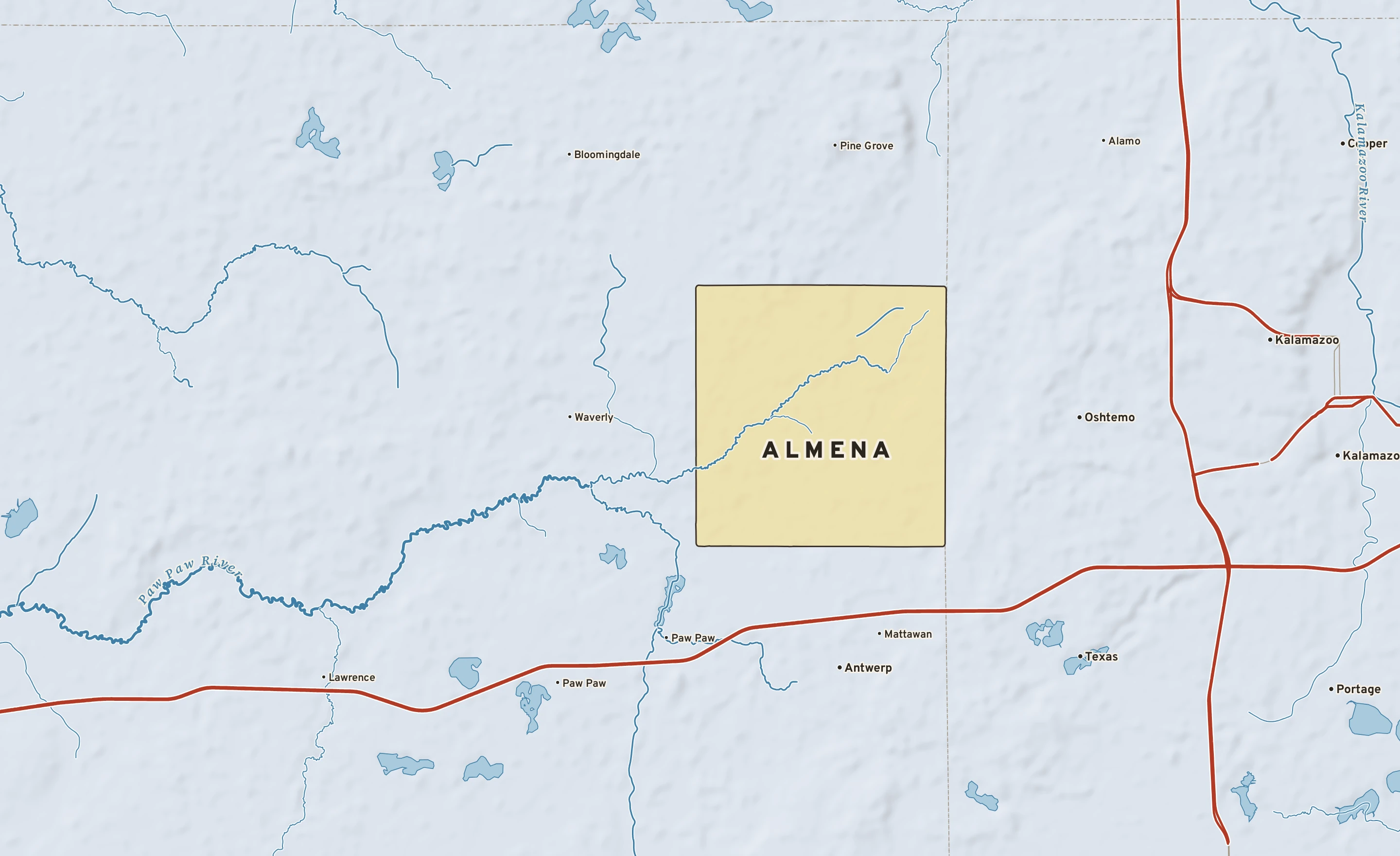 Shaded-relief atlas plate of Almena, Michigan: rivers, roads, the city limits and where the water drains.