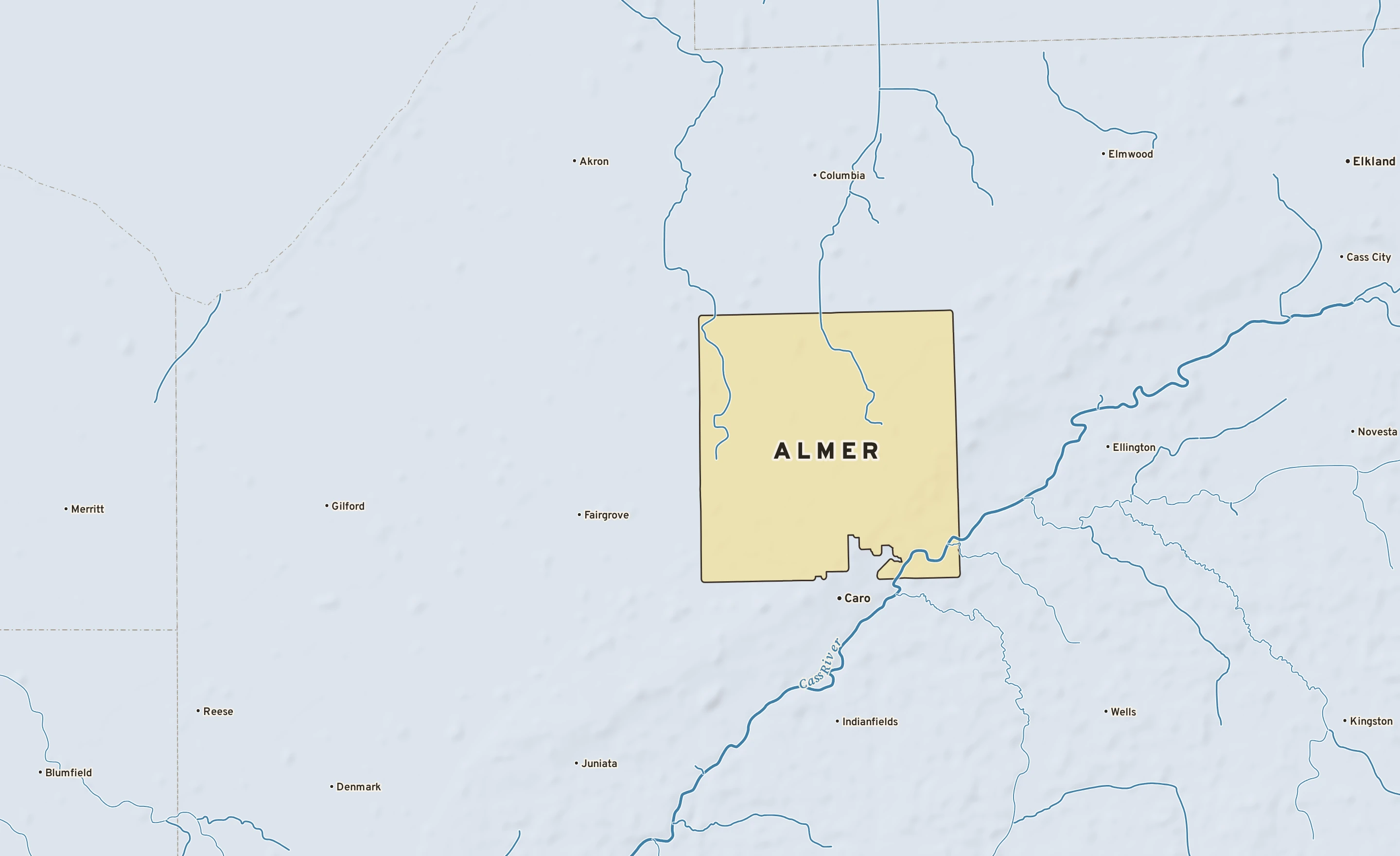 Shaded-relief atlas plate of Almer, Michigan: rivers, roads, the city limits and where the water drains.