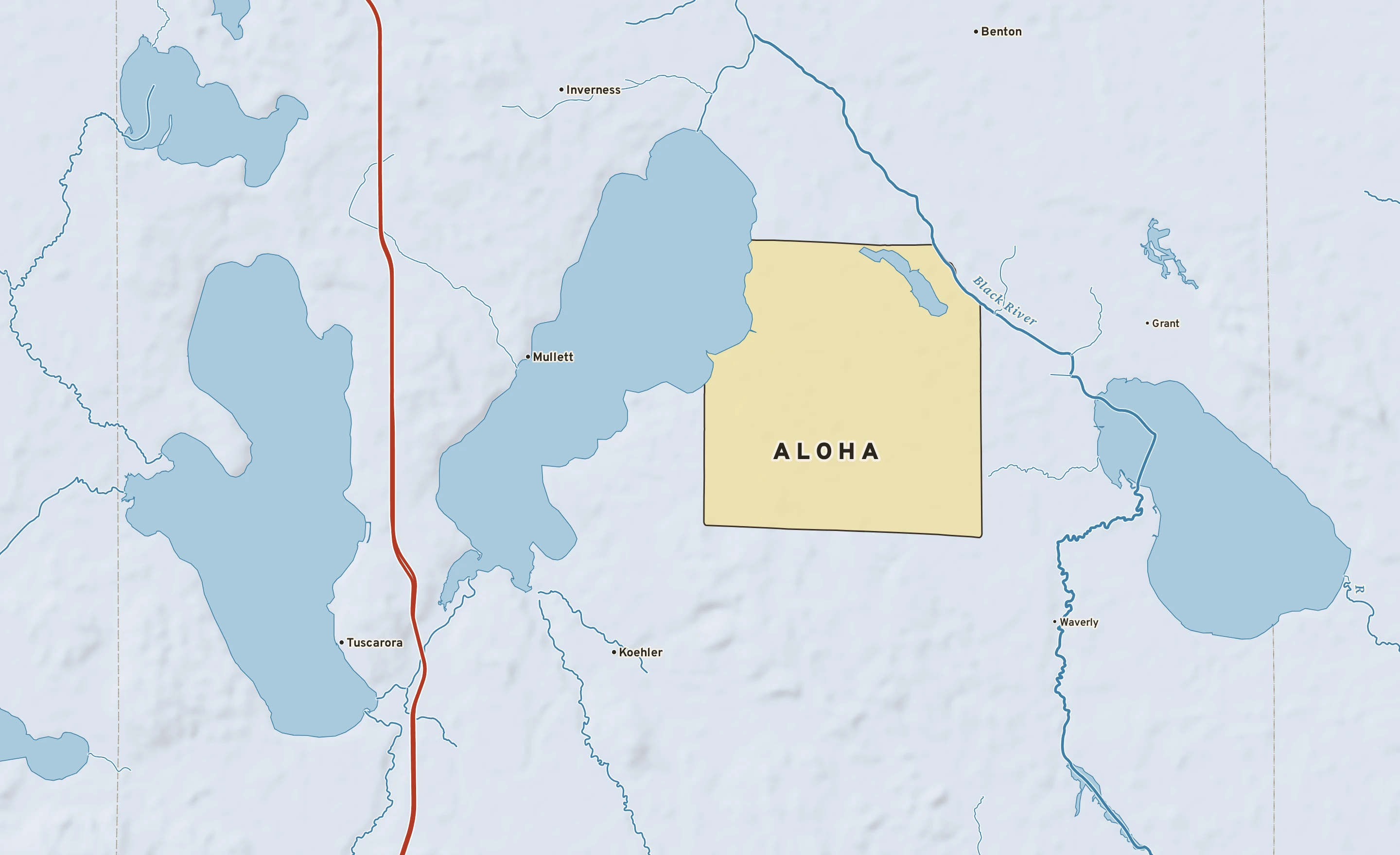 Shaded-relief atlas plate of Aloha, Michigan: rivers, roads, the city limits and where the water drains.