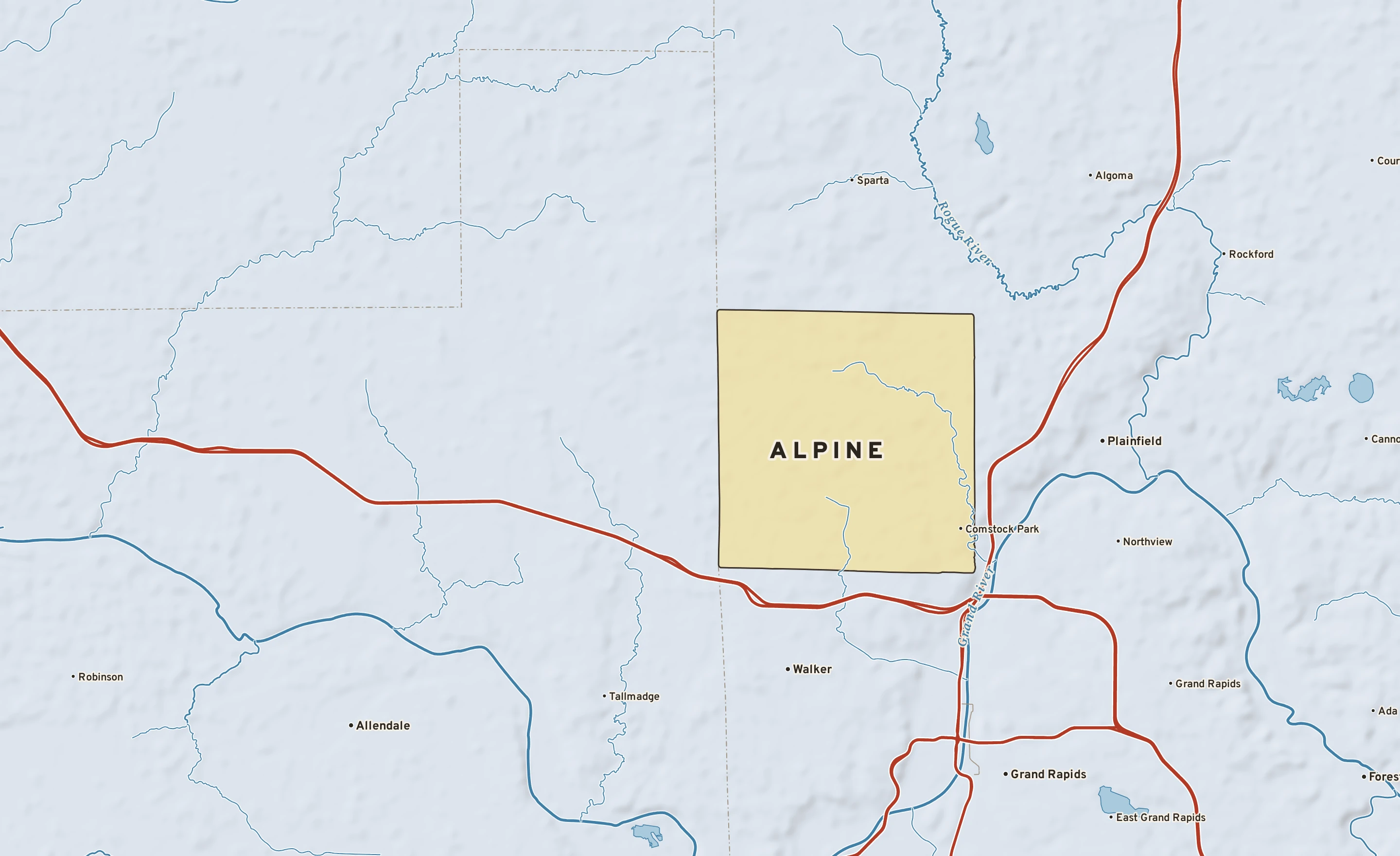 Shaded-relief atlas plate of Alpine, Michigan: rivers, roads, the city limits and where the water drains.