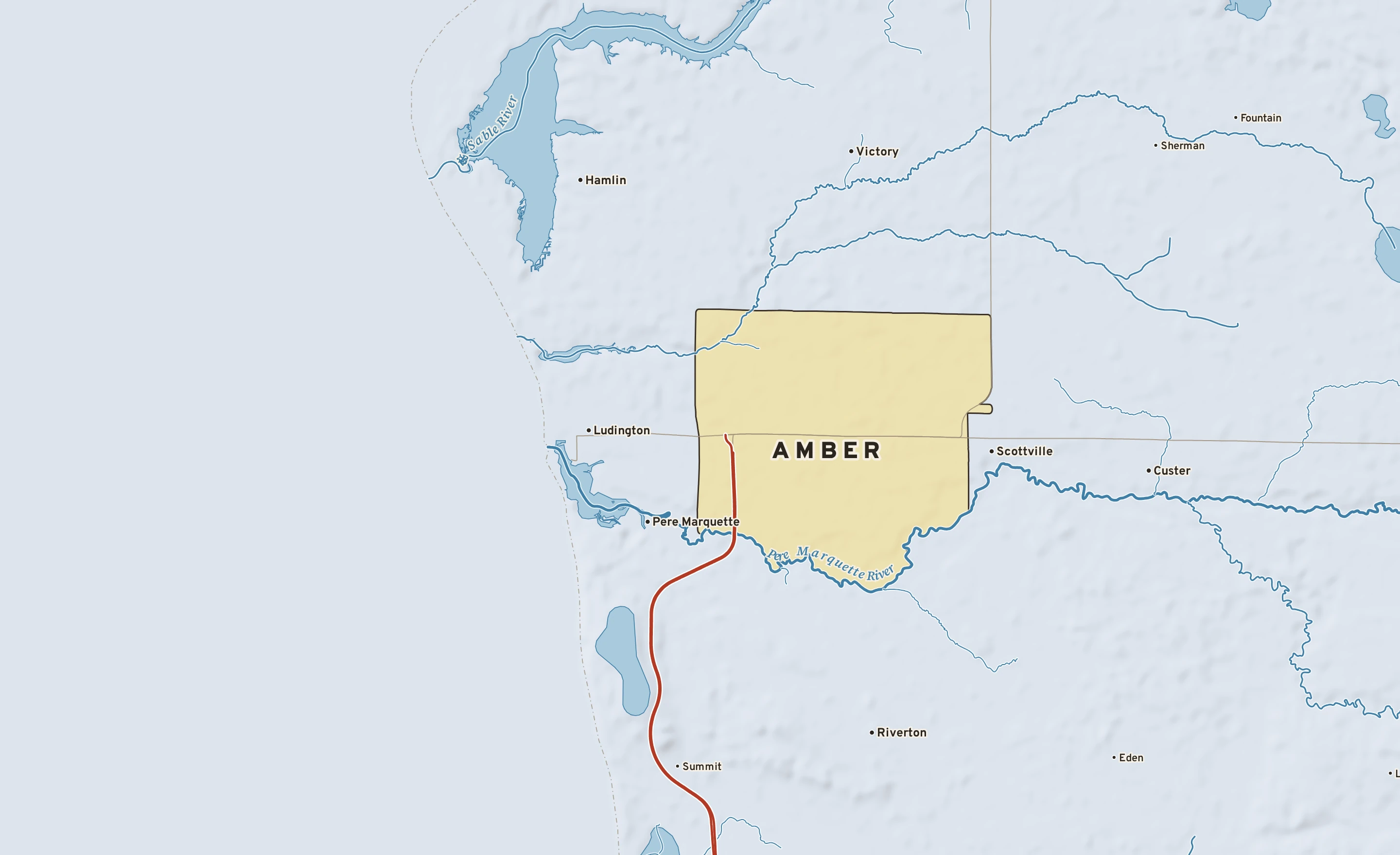 Shaded-relief atlas plate of Amber, Michigan: rivers, roads, the city limits and where the water drains.