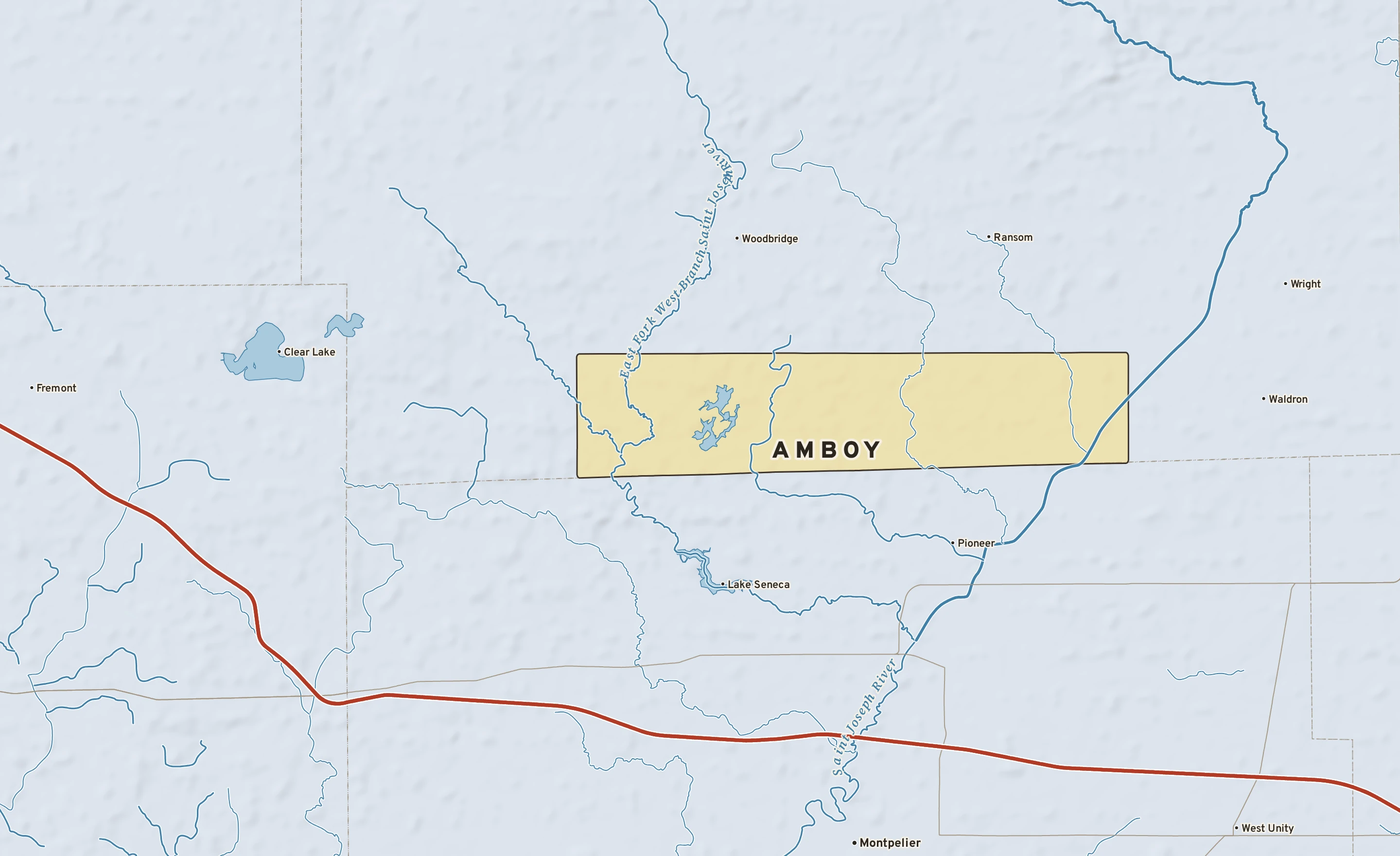 Shaded-relief atlas plate of Amboy, Michigan: rivers, roads, the city limits and where the water drains.