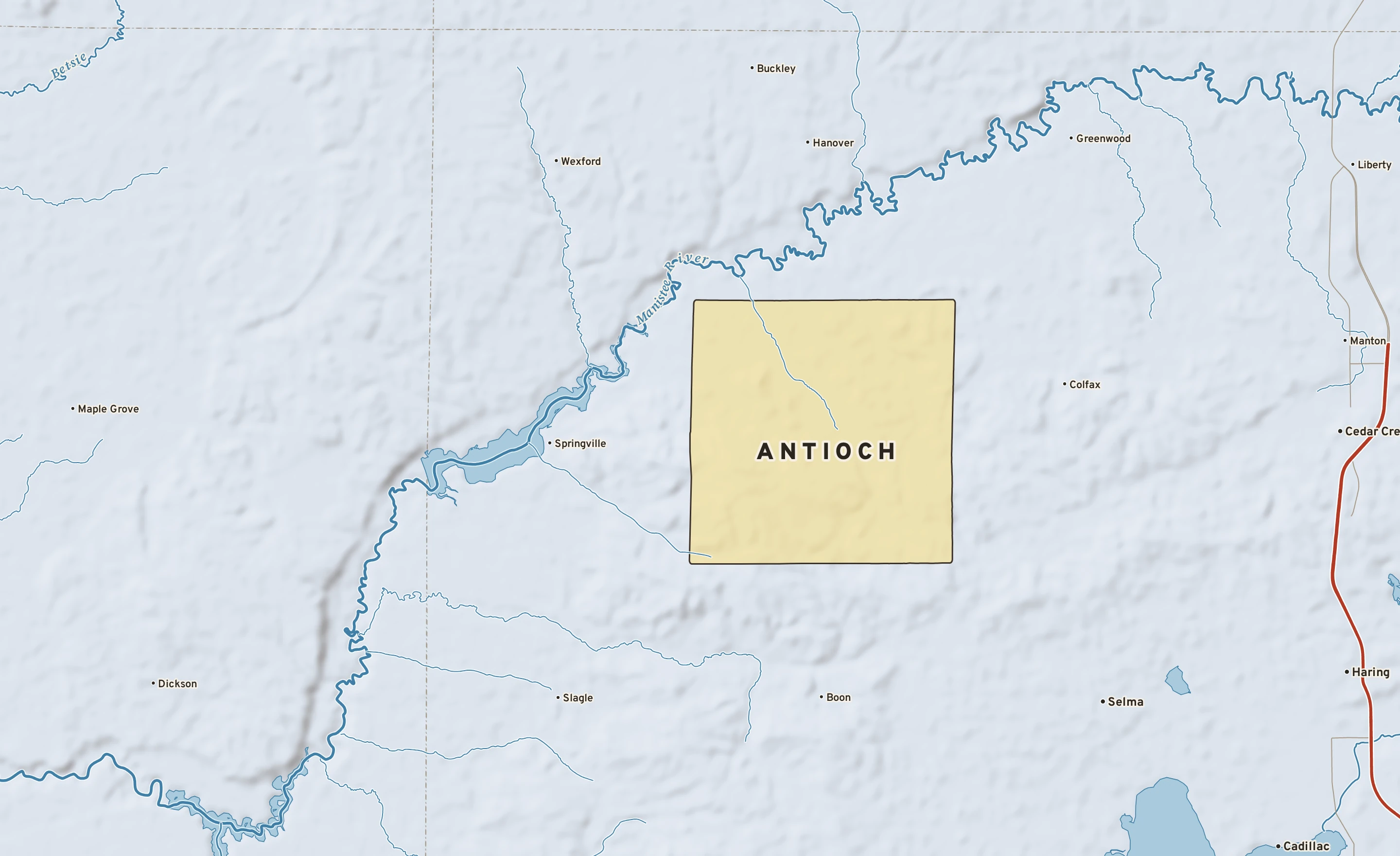 Shaded-relief atlas plate of Antioch, Michigan: rivers, roads, the city limits and where the water drains.
