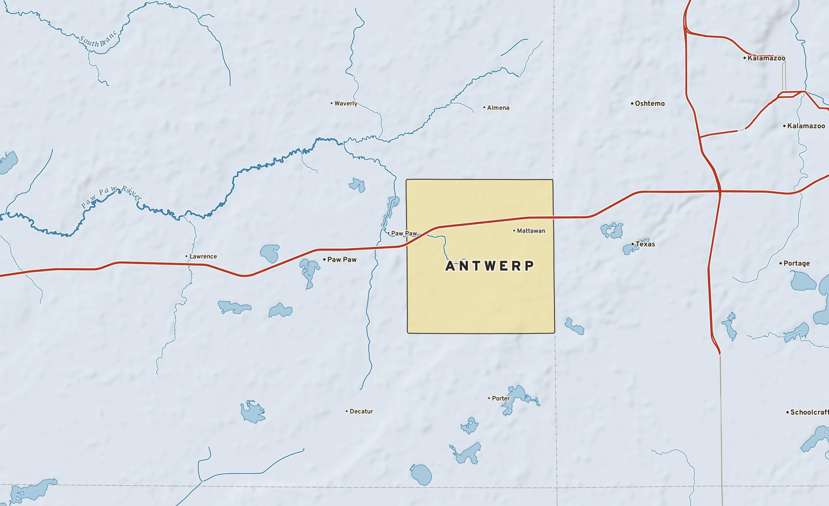 Shaded-relief atlas plate of Antwerp, Michigan: rivers, roads, the city limits and where the water drains.
