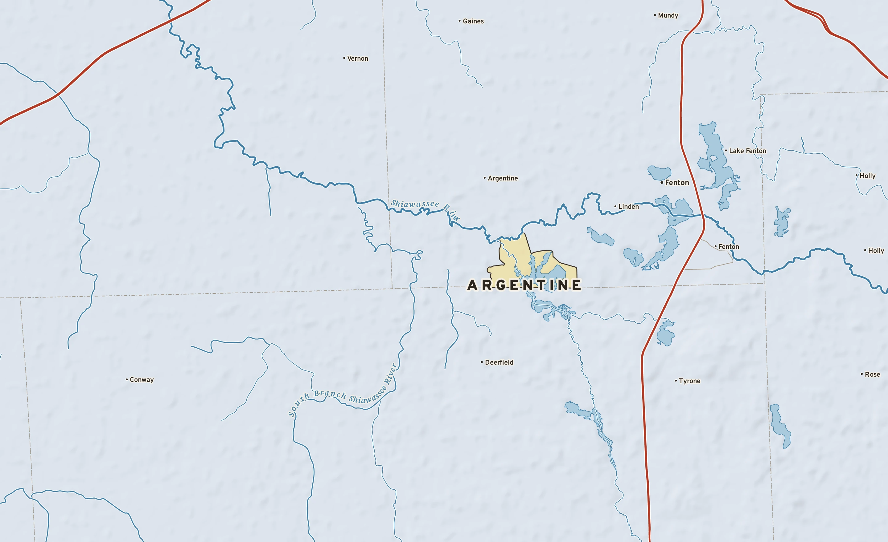 Shaded-relief atlas plate of Argentine, Michigan: rivers, roads, the city limits and where the water drains.