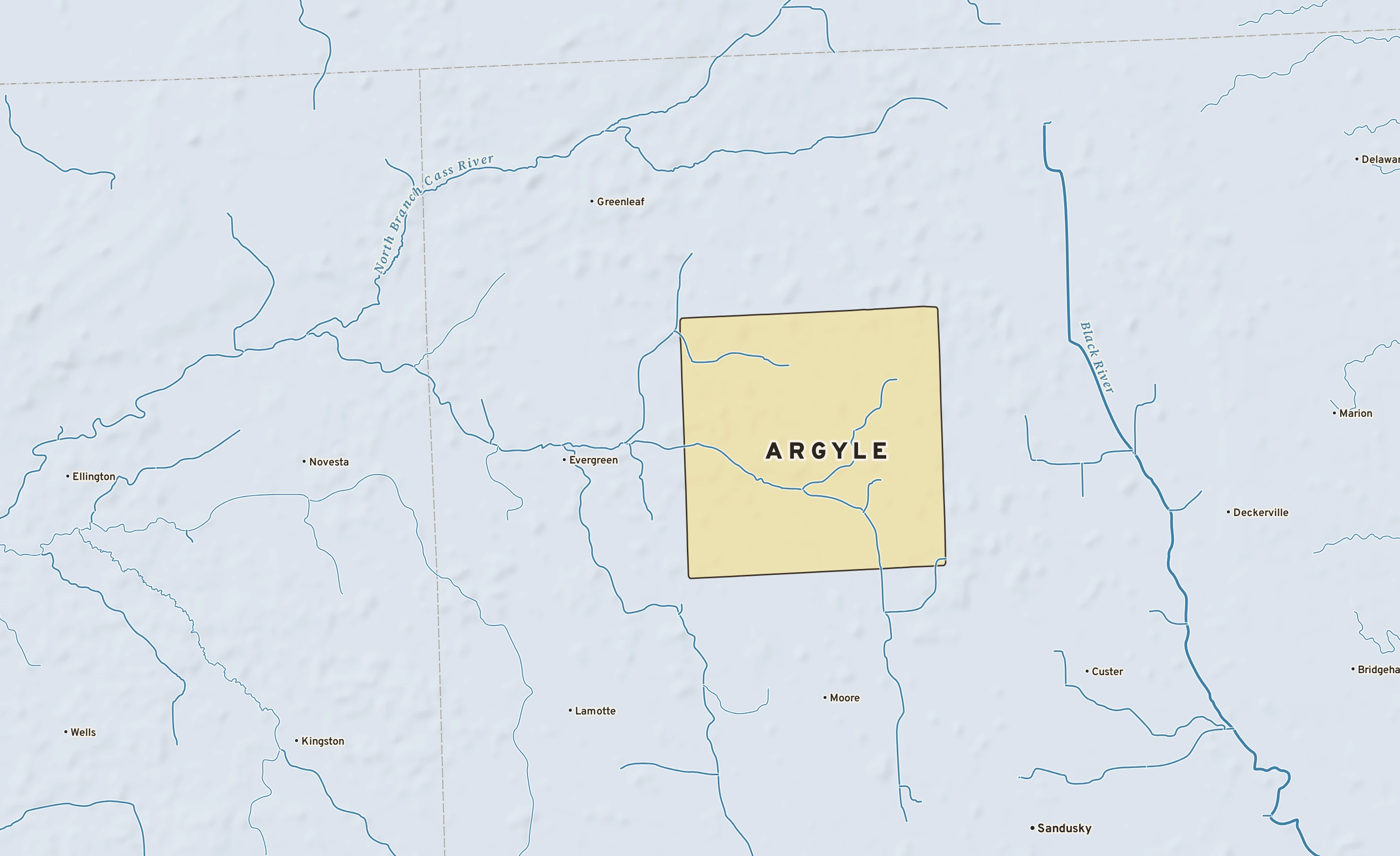 Shaded-relief atlas plate of Argyle, Michigan: rivers, roads, the city limits and where the water drains.