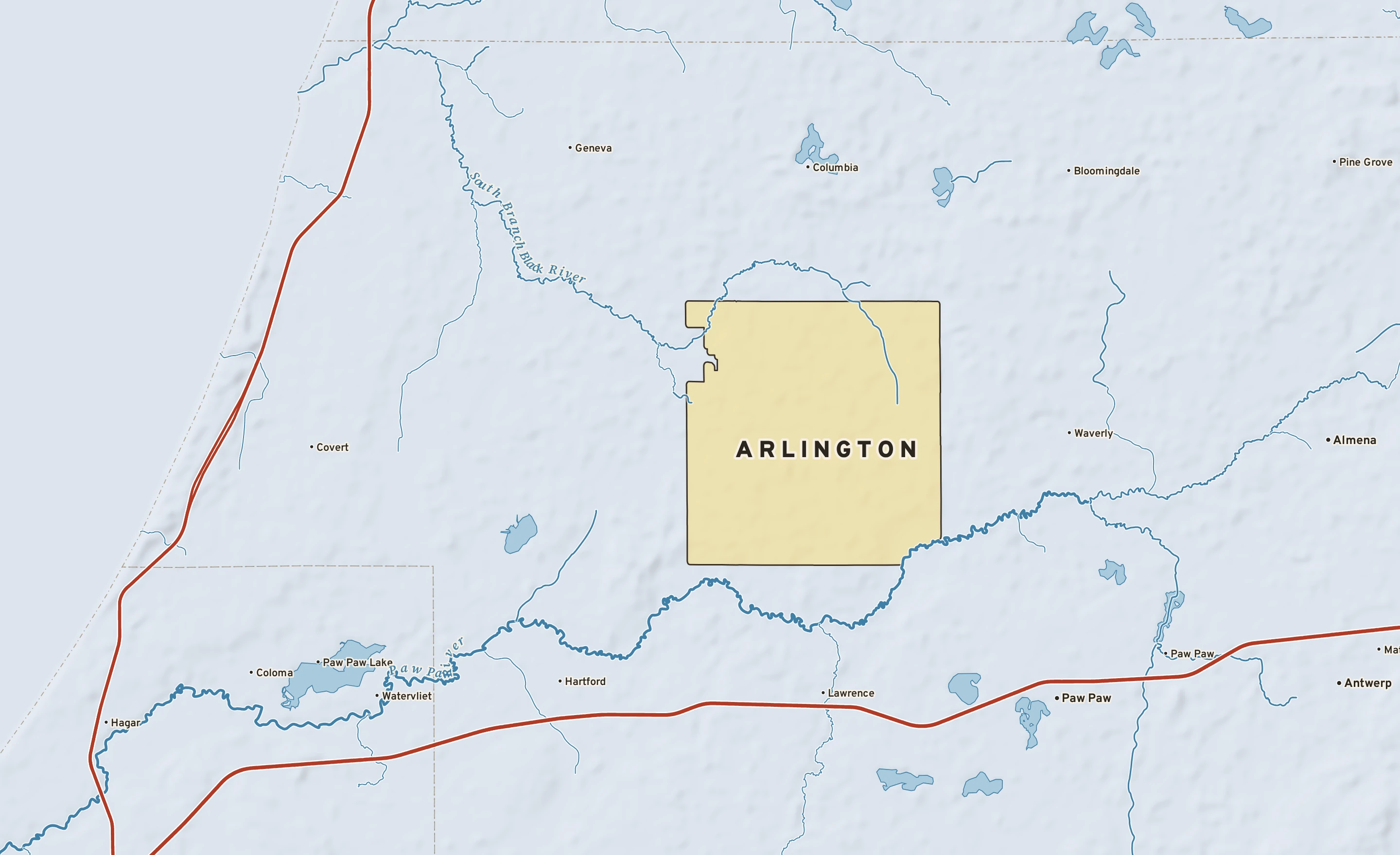 Shaded-relief atlas plate of Arlington, Michigan: rivers, roads, the city limits and where the water drains.
