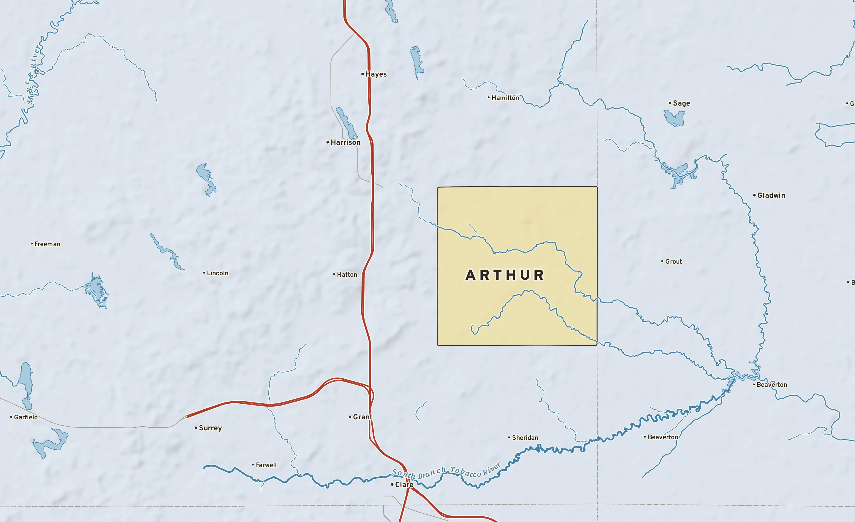 Shaded-relief atlas plate of Arthur, Michigan: rivers, roads, the city limits and where the water drains.