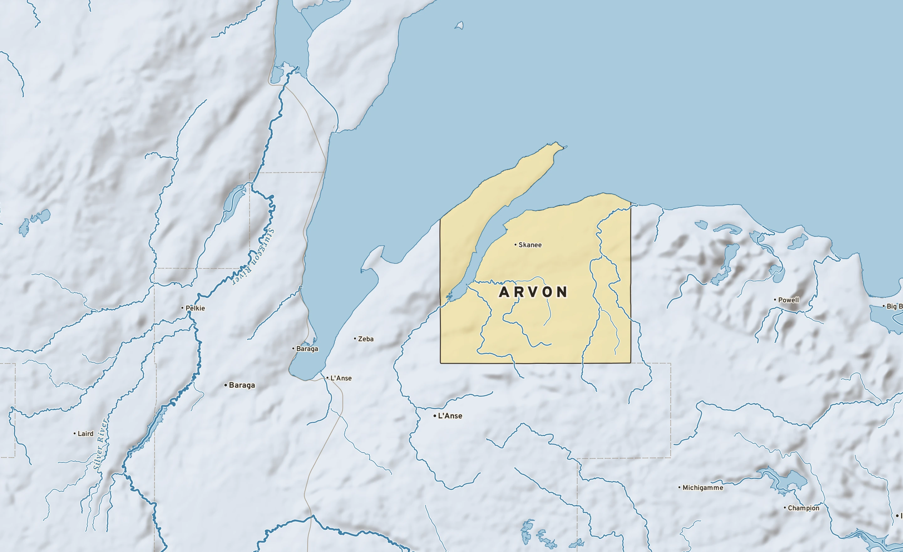 Shaded-relief atlas plate of Arvon, Michigan: rivers, roads, the city limits and where the water drains.