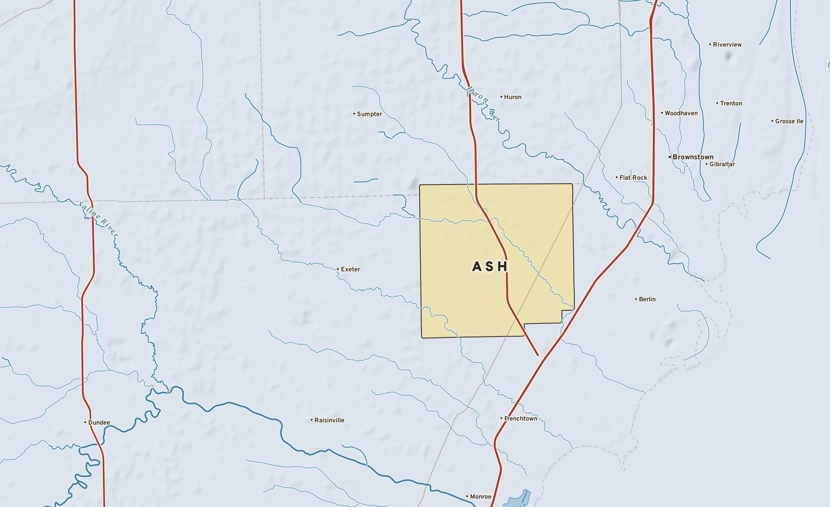 Shaded-relief atlas plate of Ash, Michigan: rivers, roads, the city limits and where the water drains.
