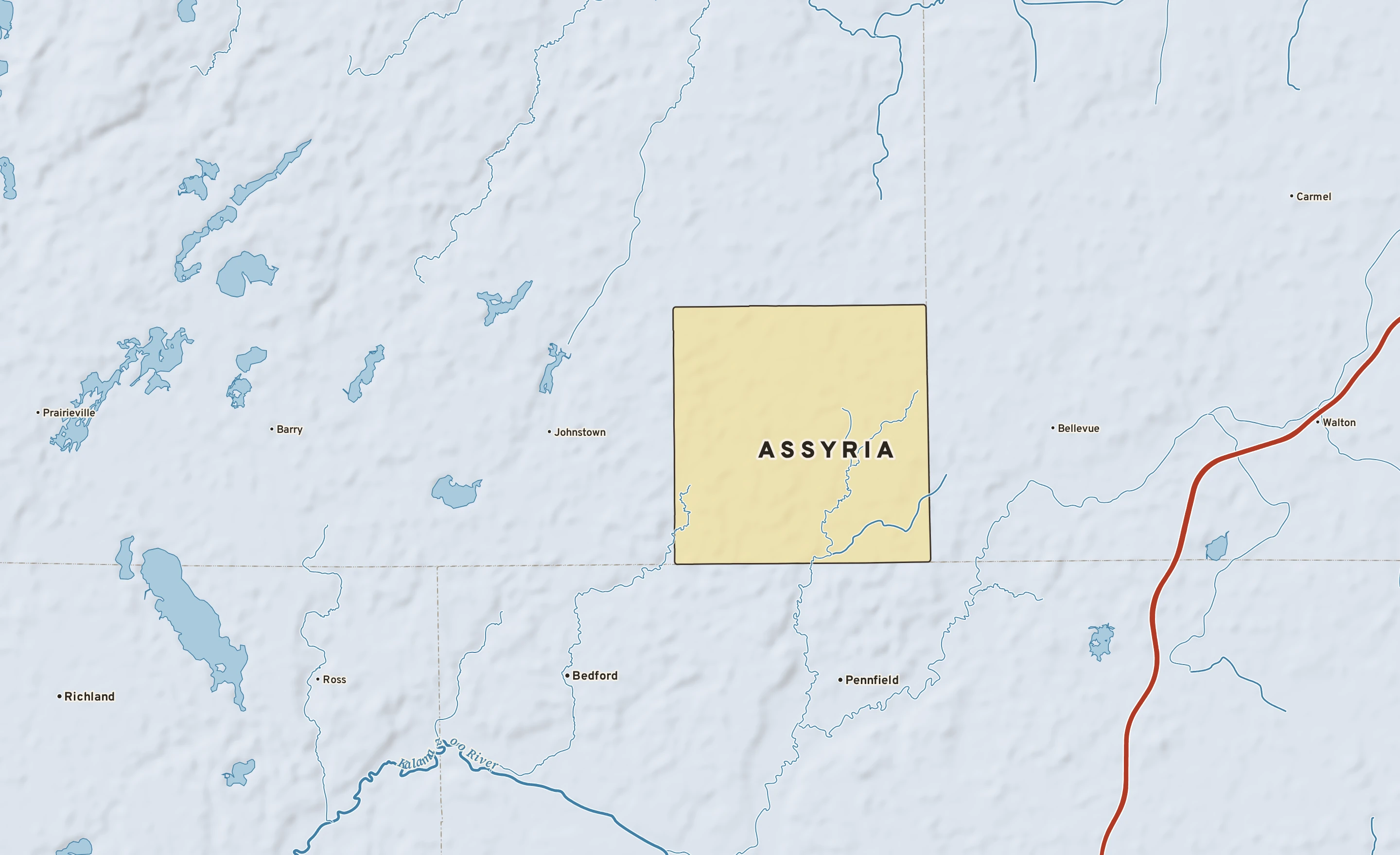Shaded-relief atlas plate of Assyria, Michigan: rivers, roads, the city limits and where the water drains.