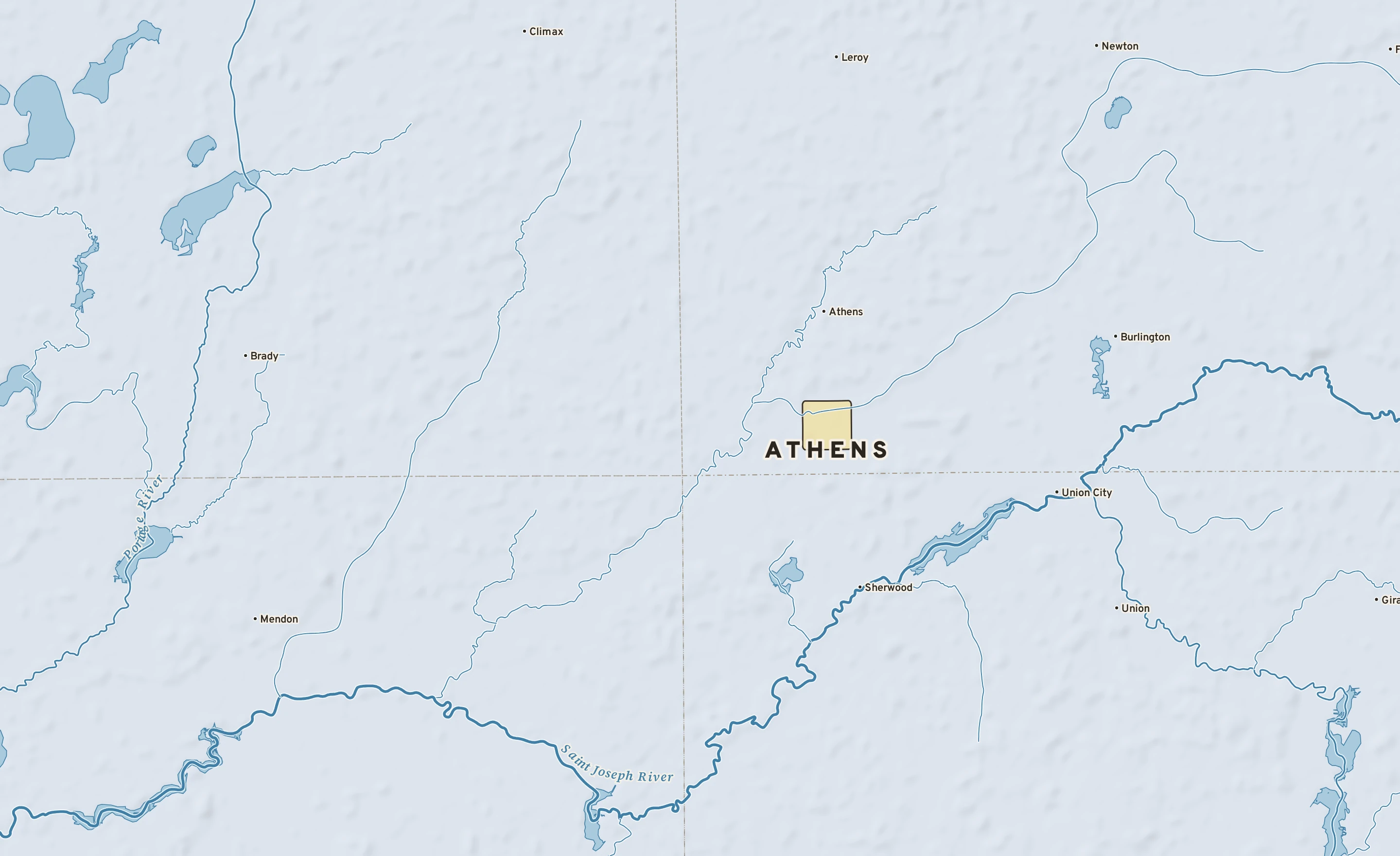 Shaded-relief atlas plate of Athens, Michigan: rivers, roads, the city limits and where the water drains.