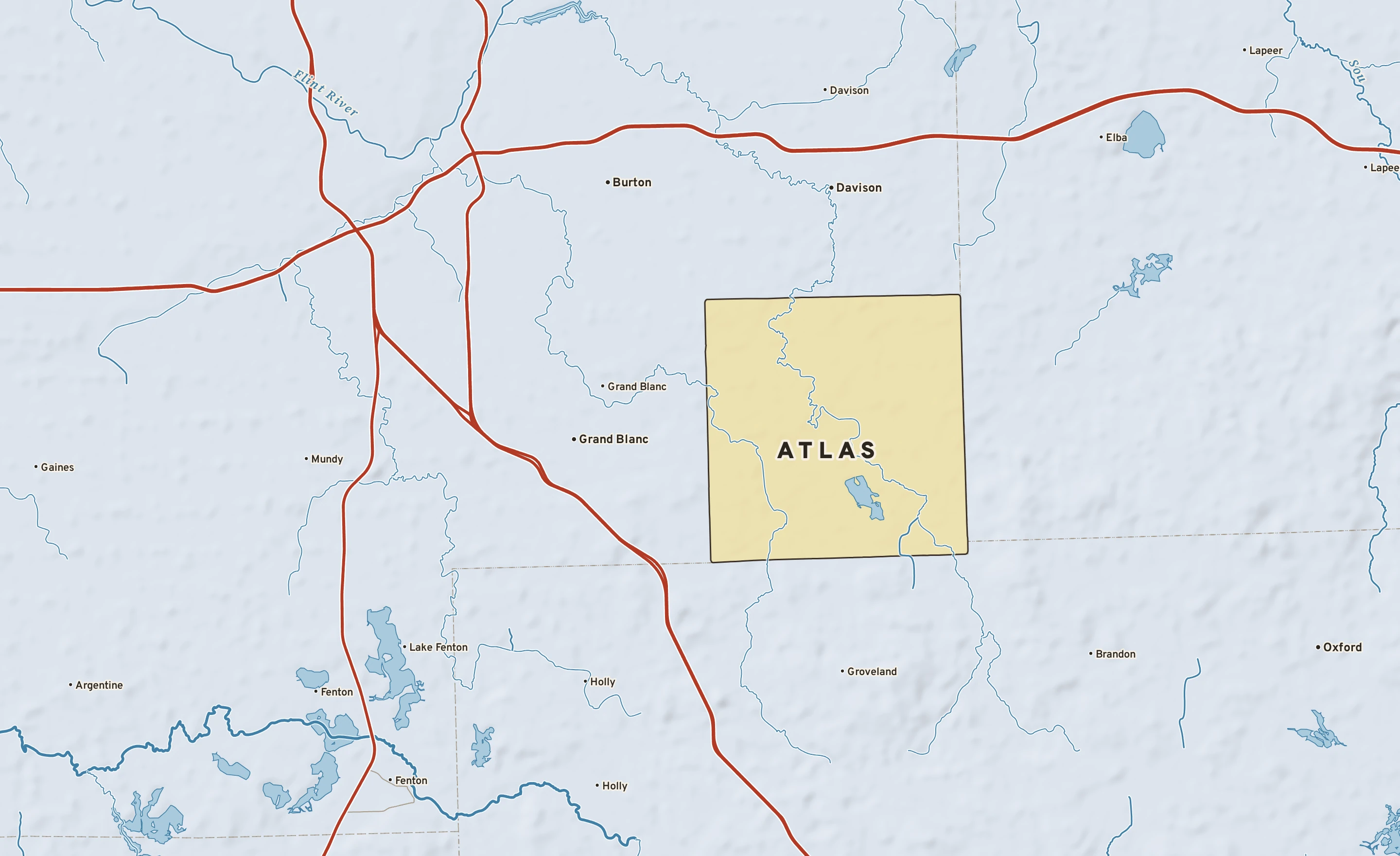 Shaded-relief atlas plate of Atlas, Michigan: rivers, roads, the city limits and where the water drains.