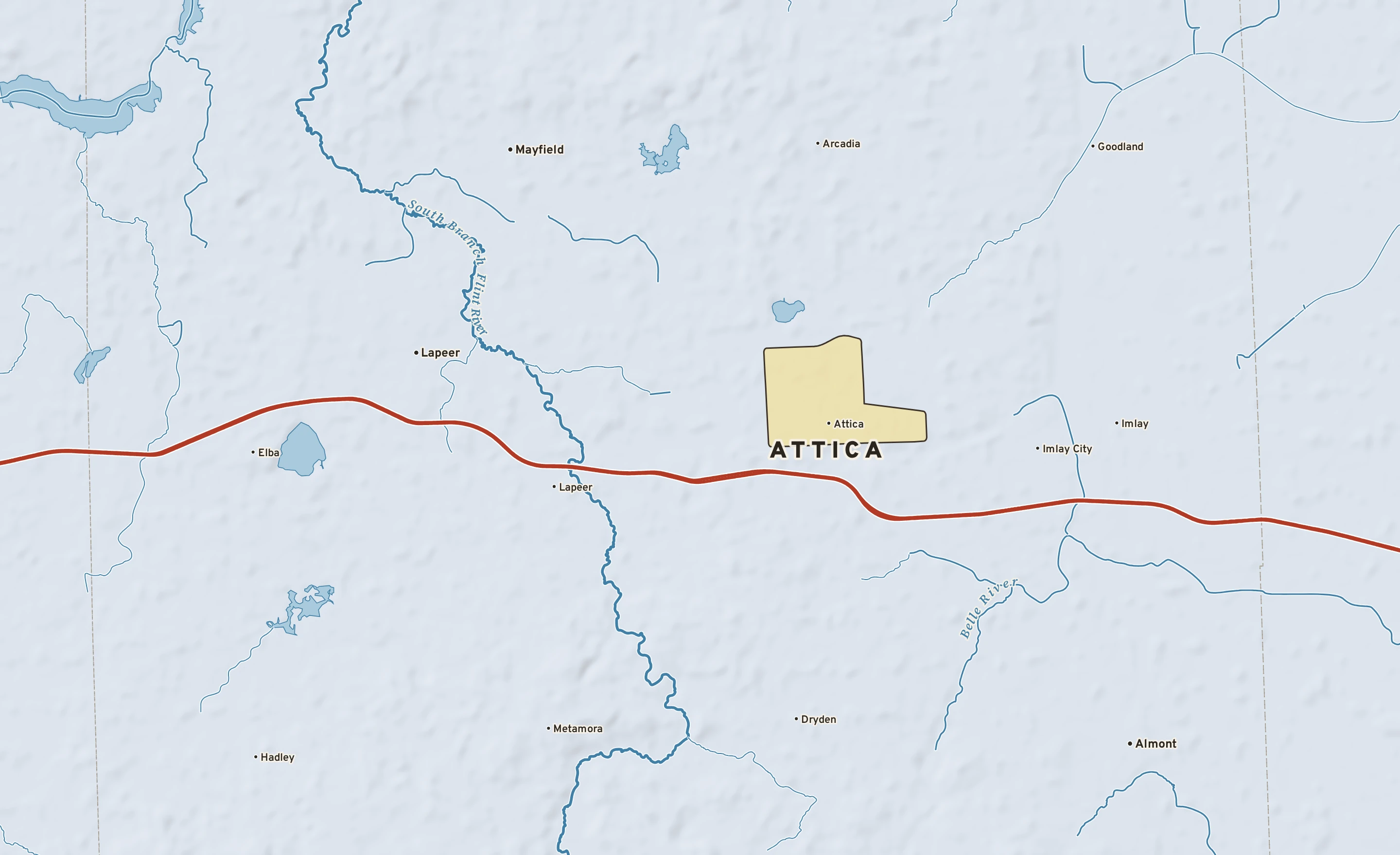 Shaded-relief atlas plate of Attica, Michigan: rivers, roads, the city limits and where the water drains.