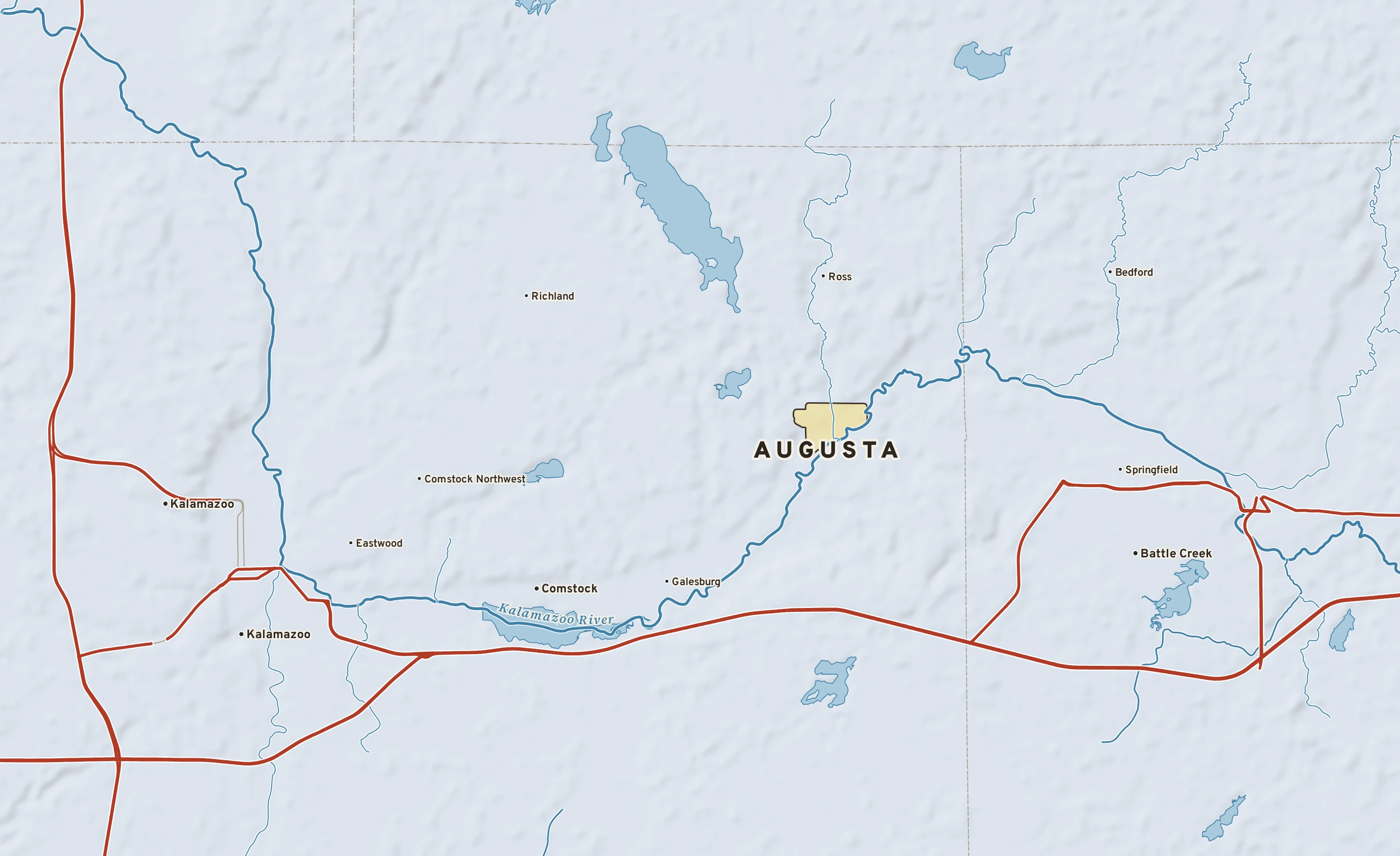 Shaded-relief atlas plate of Augusta, Michigan: rivers, roads, the city limits and where the water drains.