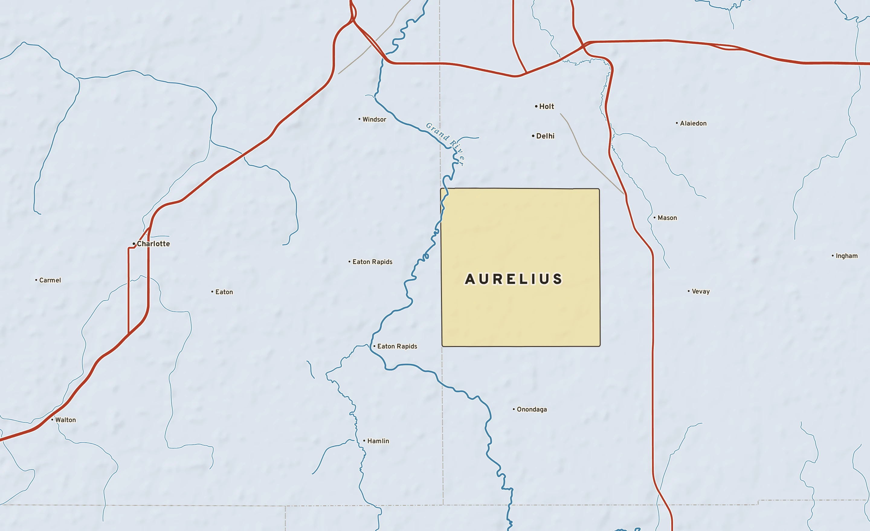 Shaded-relief atlas plate of Aurelius, Michigan: rivers, roads, the city limits and where the water drains.