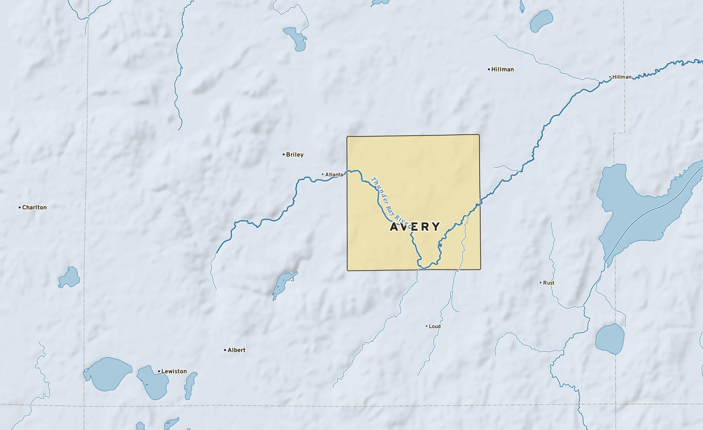 Shaded-relief atlas plate of Avery, Michigan: rivers, roads, the city limits and where the water drains.