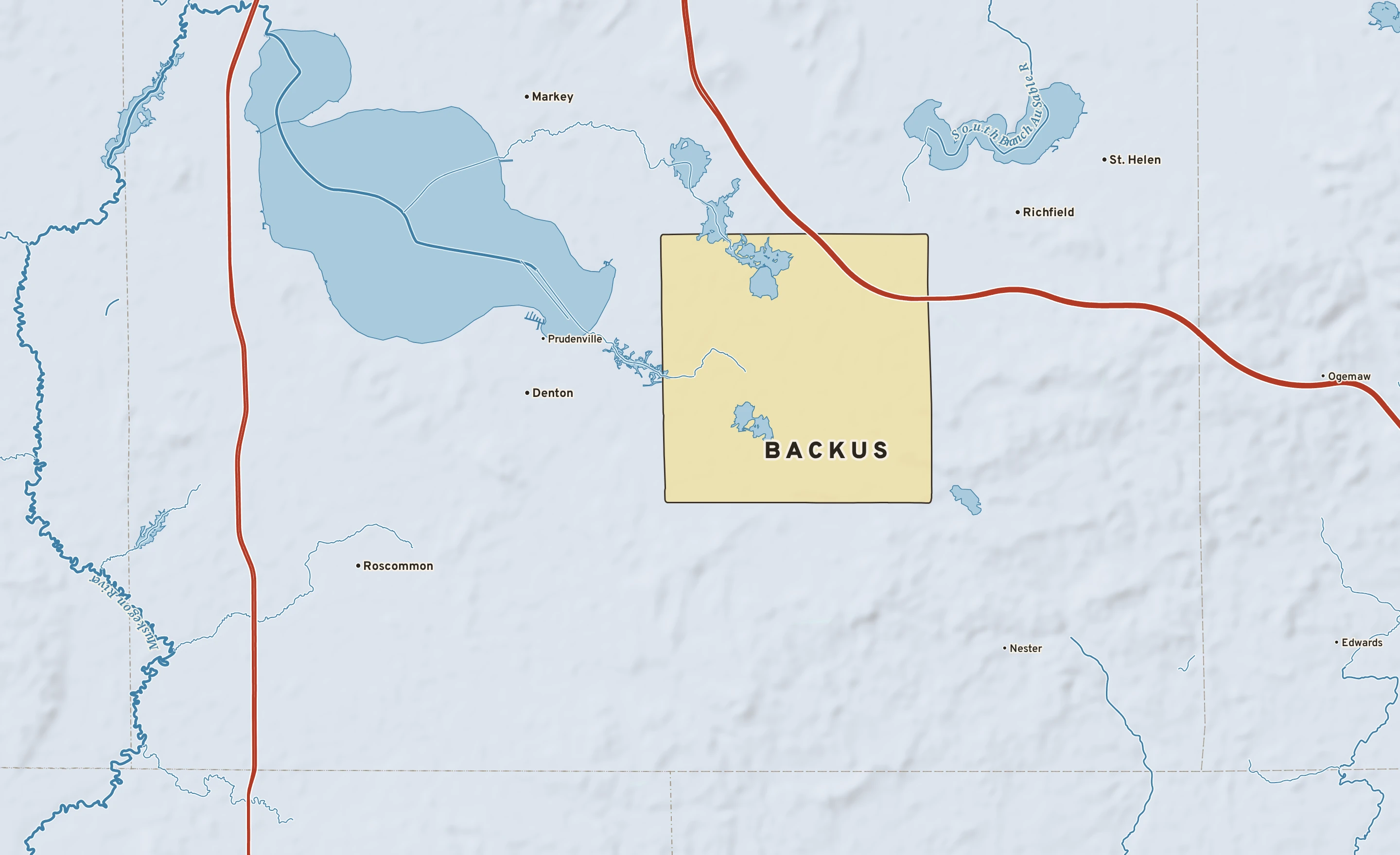 Shaded-relief atlas plate of Backus, Michigan: rivers, roads, the city limits and where the water drains.