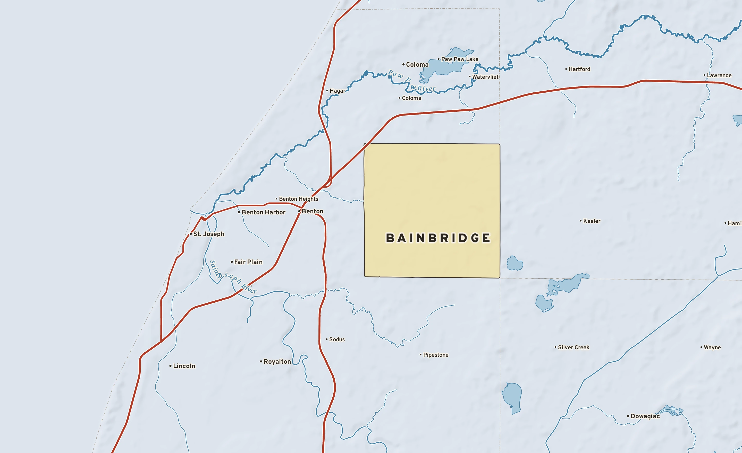 Shaded-relief atlas plate of Bainbridge, Michigan: rivers, roads, the city limits and where the water drains.