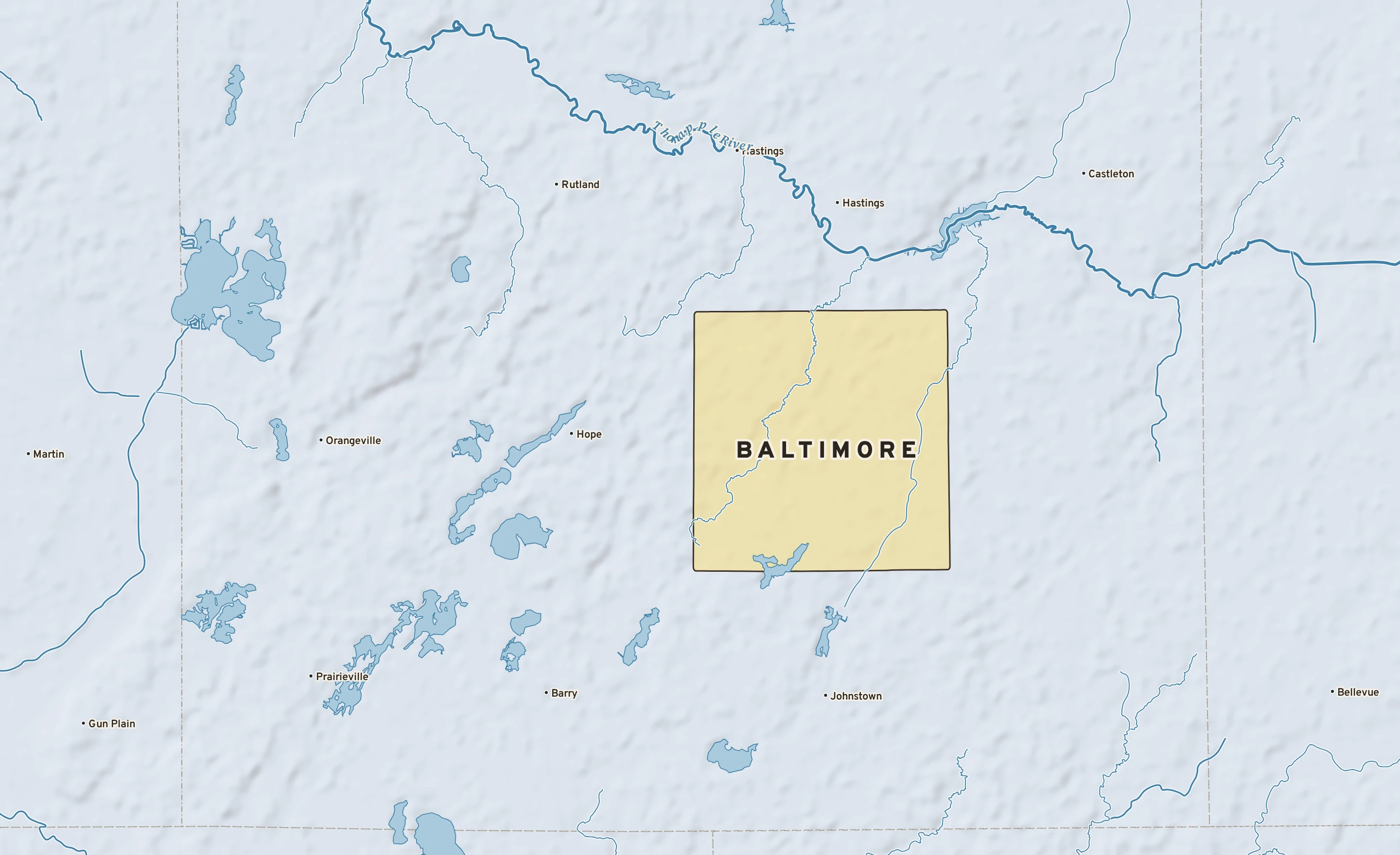 Shaded-relief atlas plate of Baltimore, Michigan: rivers, roads, the city limits and where the water drains.