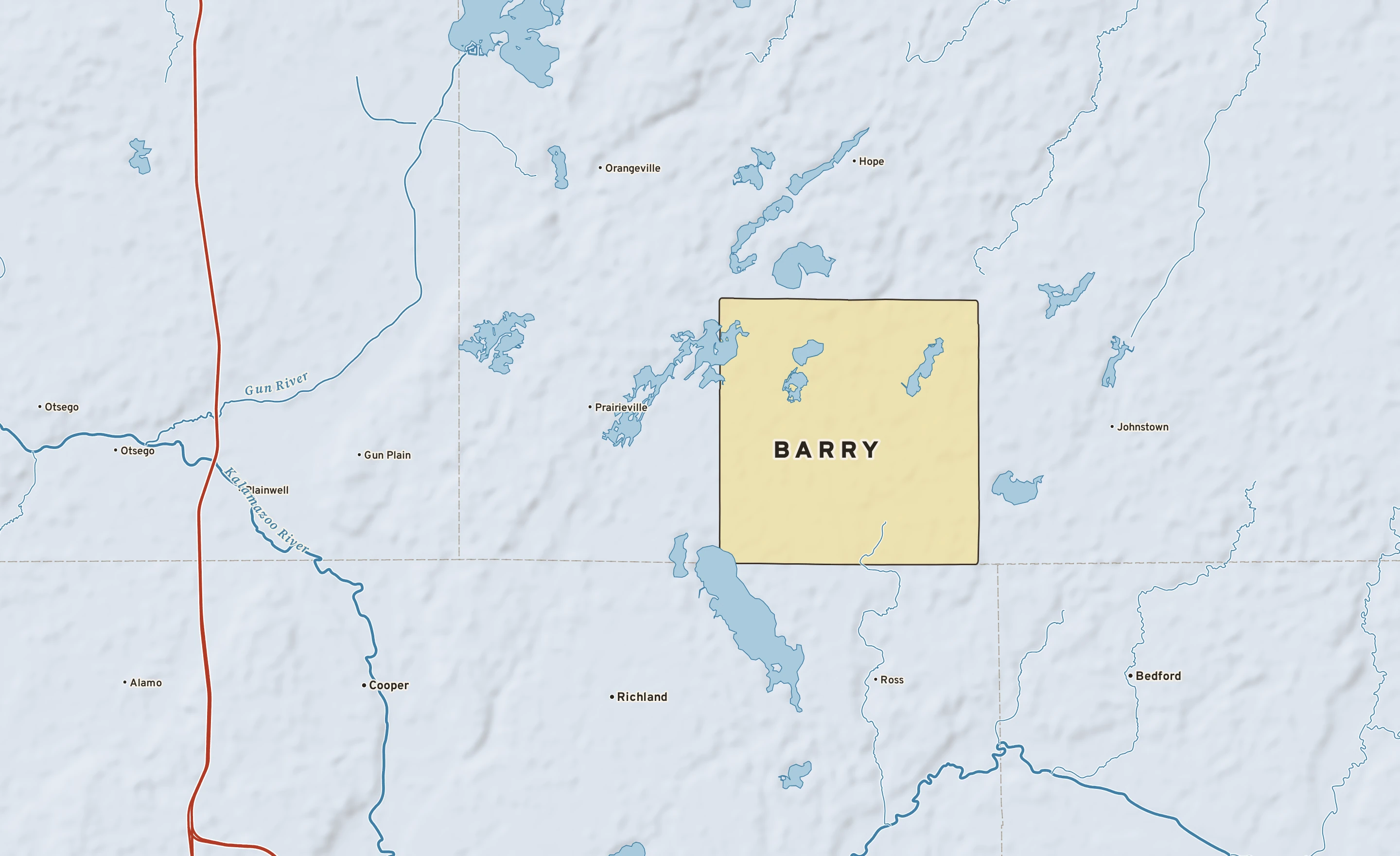 Shaded-relief atlas plate of Barry, Michigan: rivers, roads, the city limits and where the water drains.
