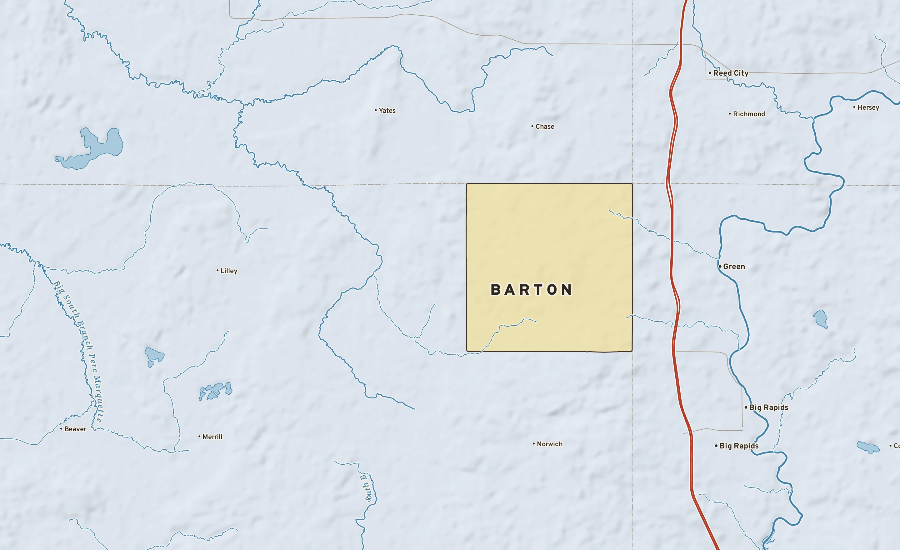 Shaded-relief atlas plate of Barton, Michigan: rivers, roads, the city limits and where the water drains.