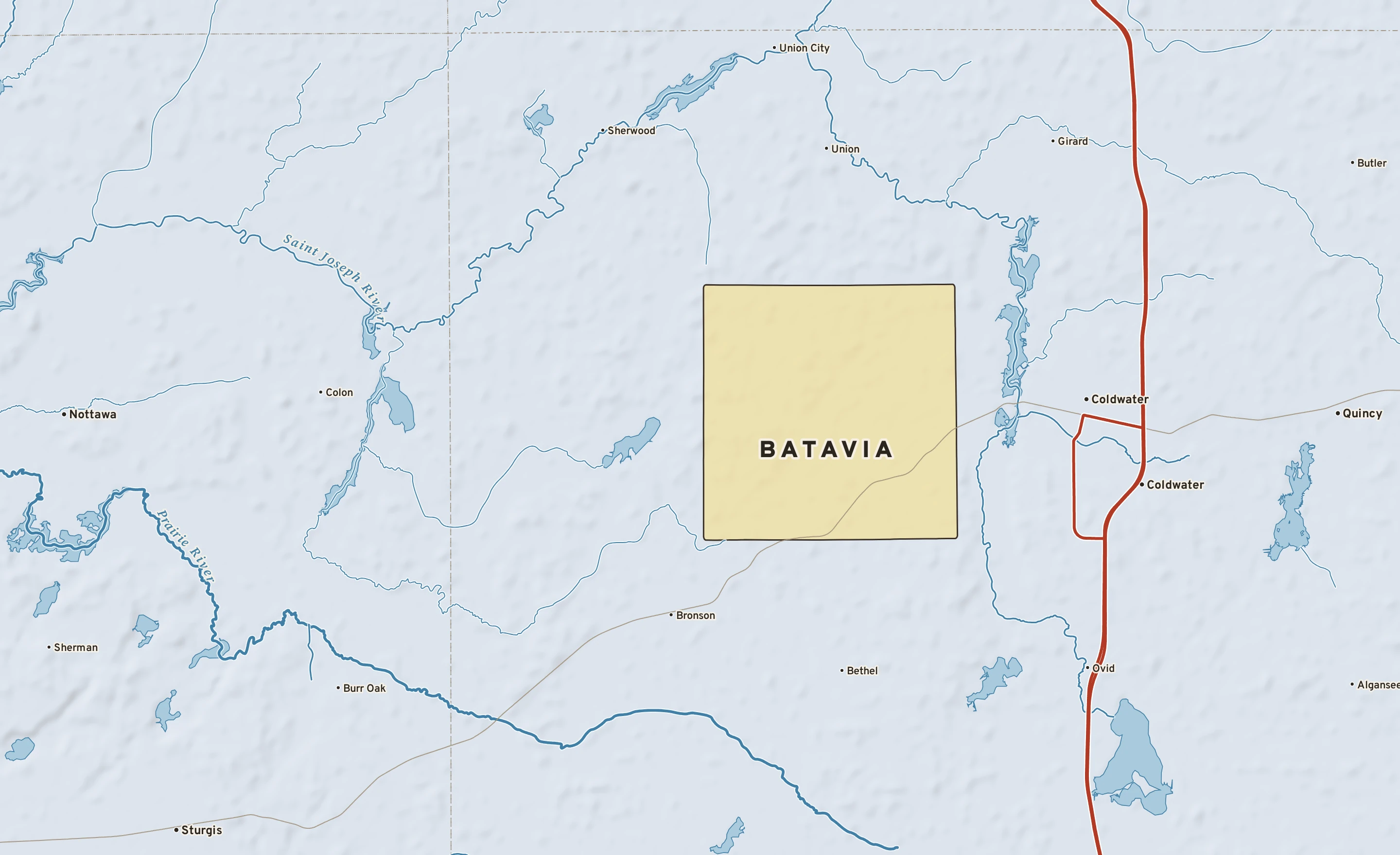 Shaded-relief atlas plate of Batavia, Michigan: rivers, roads, the city limits and where the water drains.