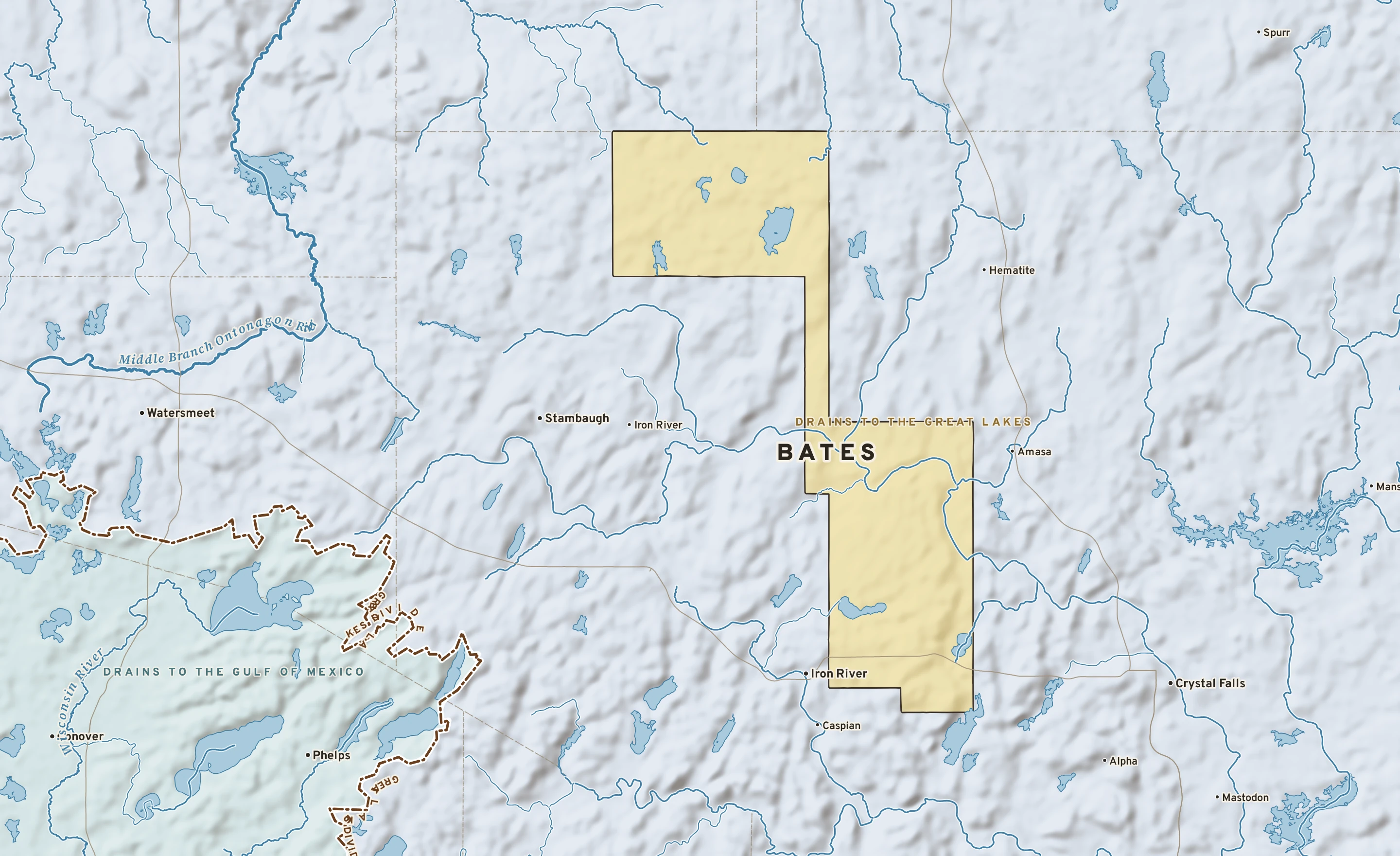 Shaded-relief atlas plate of Bates, Michigan: rivers, roads, the city limits and where the water drains.