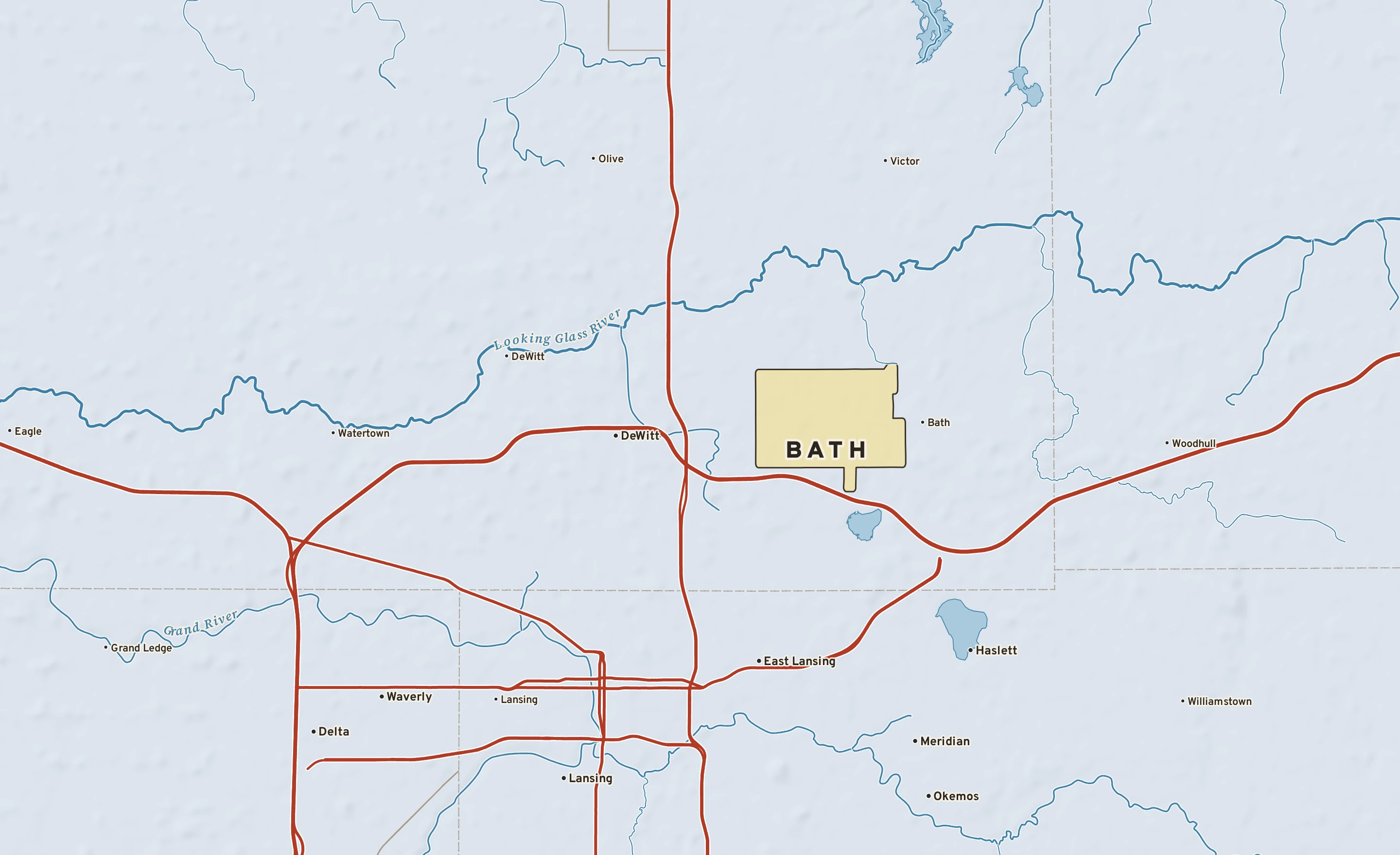 Shaded-relief atlas plate of Bath, Michigan: rivers, roads, the city limits and where the water drains.