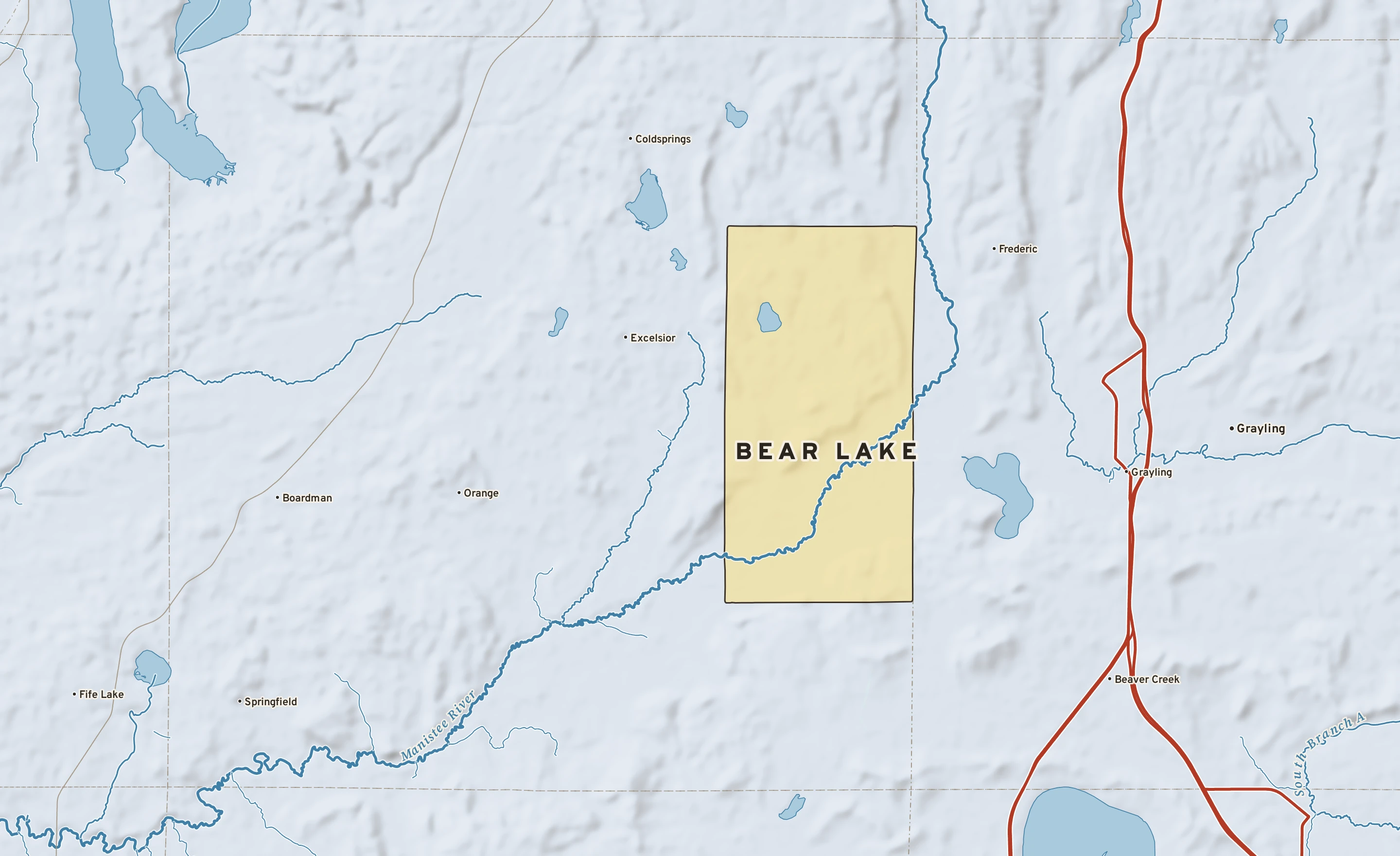 Shaded-relief atlas plate of Bear Lake, Michigan: rivers, roads, the city limits and where the water drains.