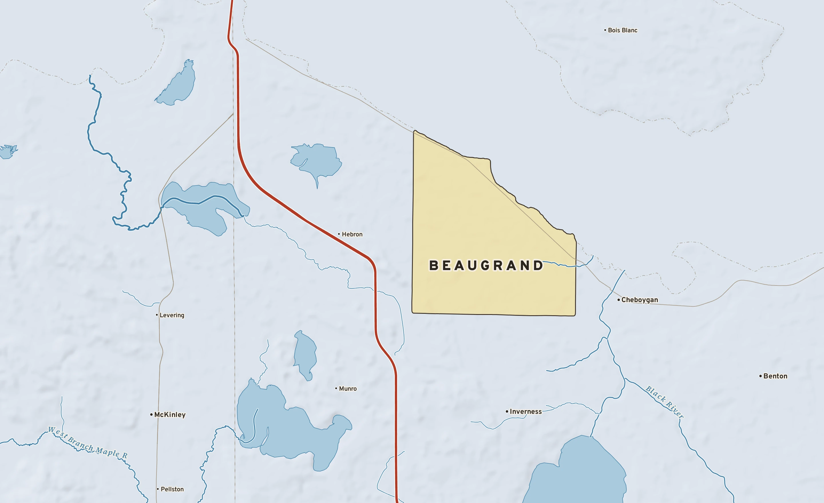 Shaded-relief atlas plate of Beaugrand, Michigan: rivers, roads, the city limits and where the water drains.