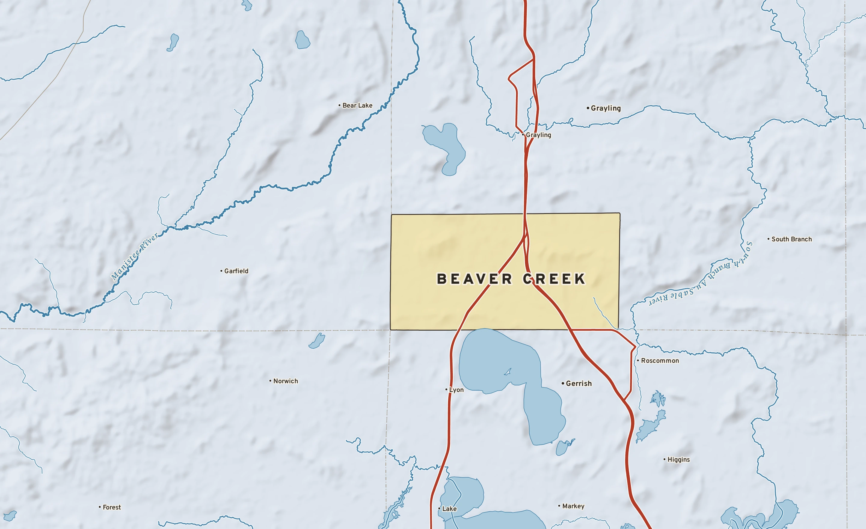 Shaded-relief atlas plate of Beaver Creek, Michigan: rivers, roads, the city limits and where the water drains.