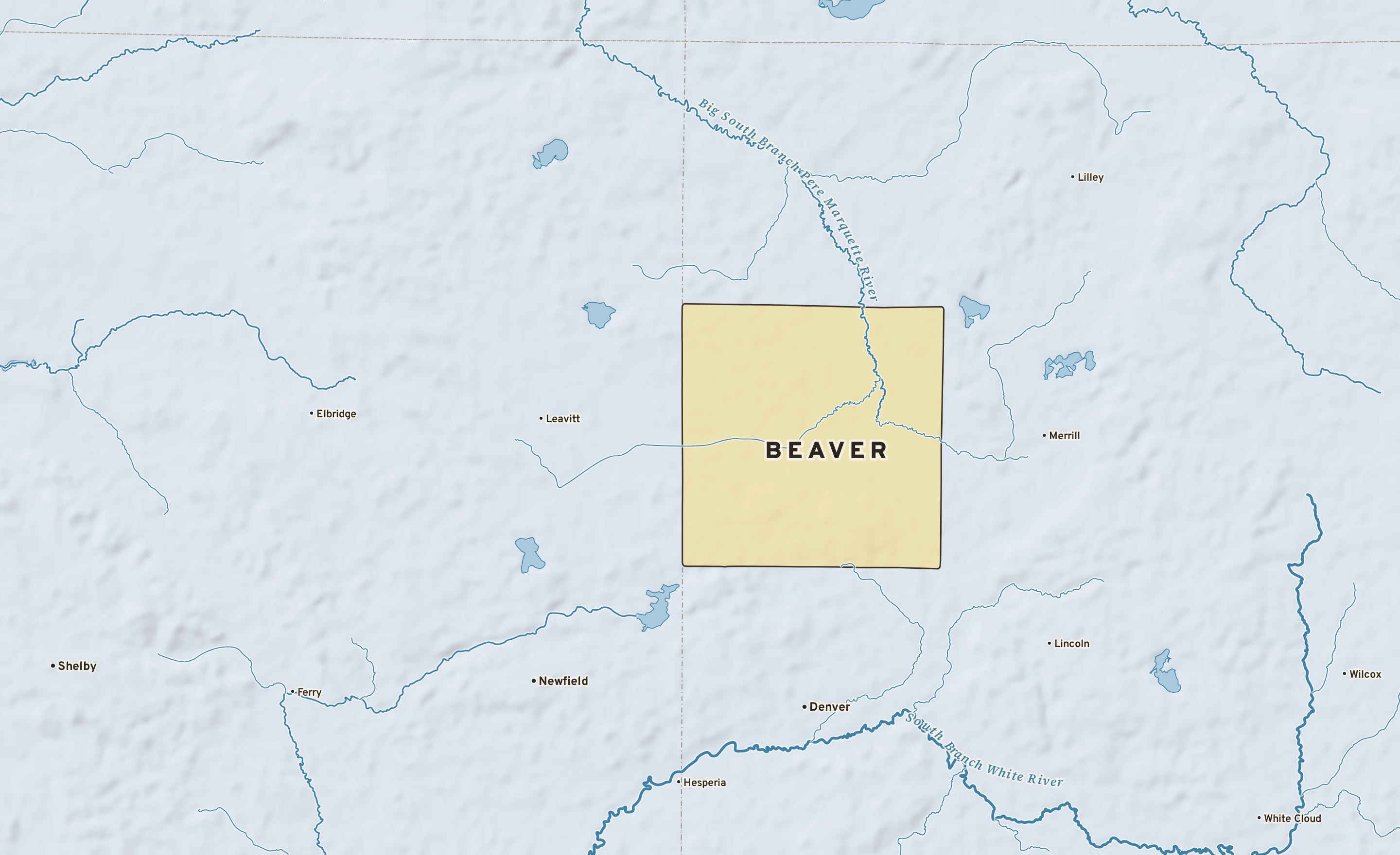 Shaded-relief atlas plate of Beaver, Michigan: rivers, roads, the city limits and where the water drains.