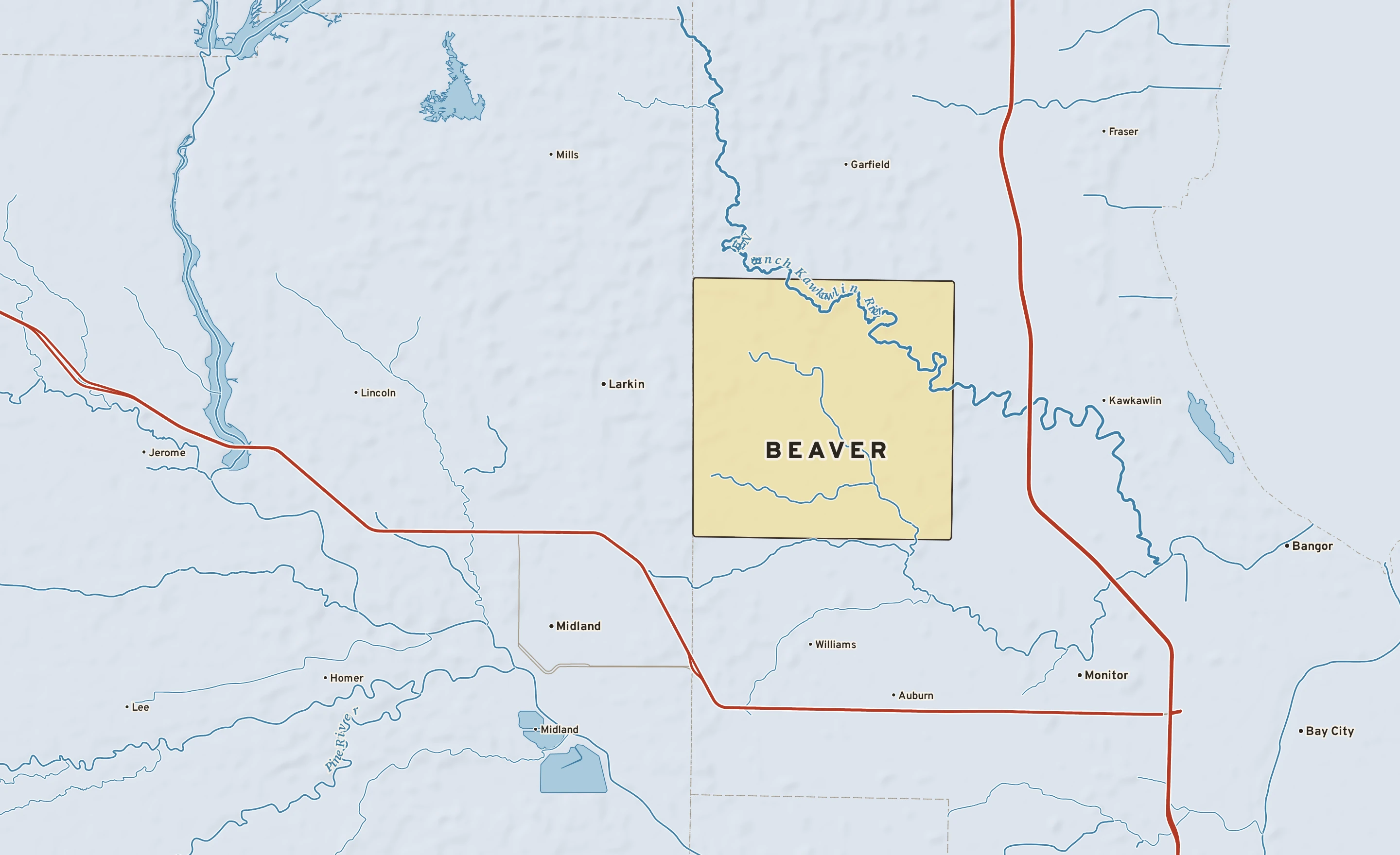 Shaded-relief atlas plate of Beaver, Michigan: rivers, roads, the city limits and where the water drains.