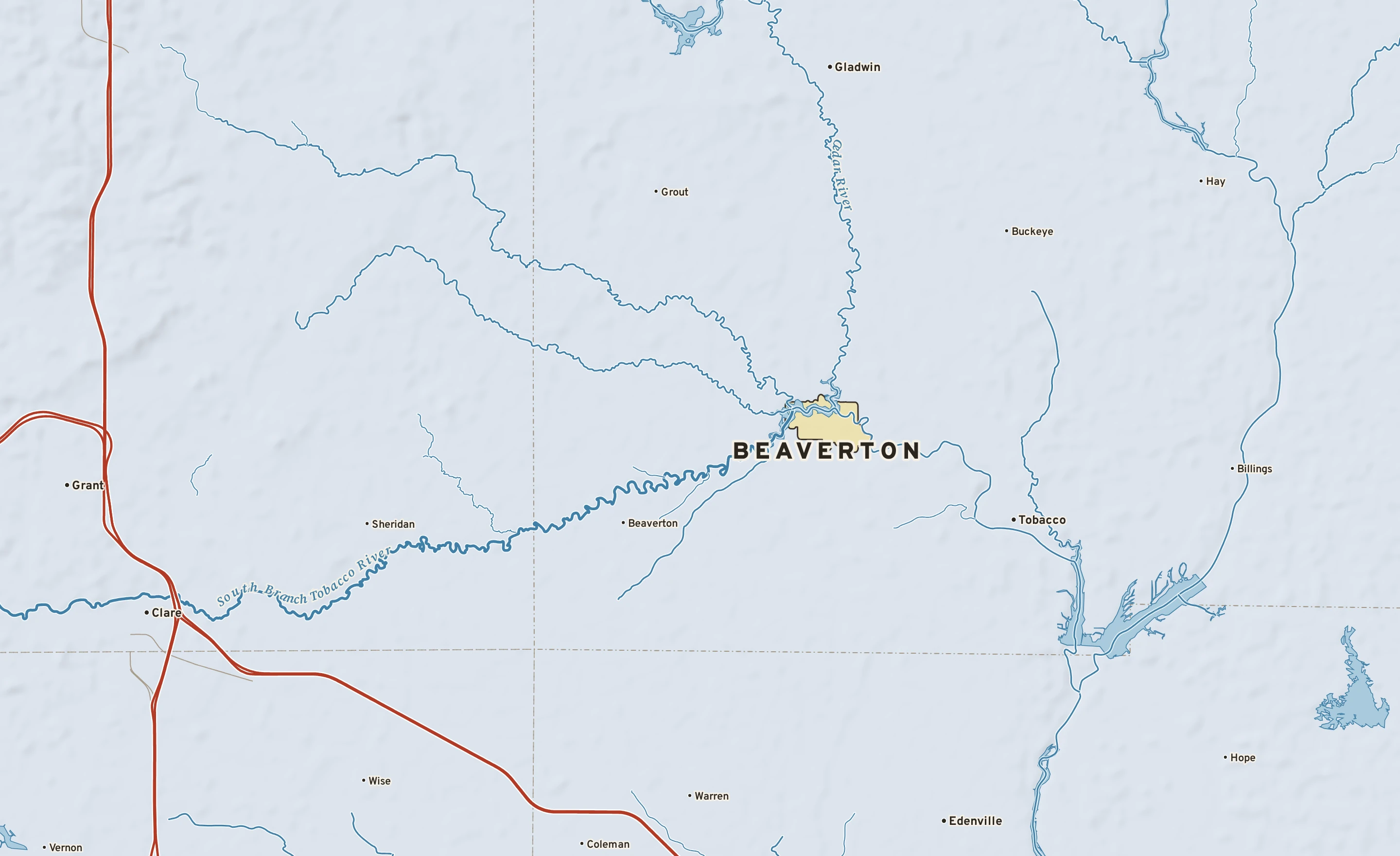 Shaded-relief atlas plate of Beaverton, Michigan: rivers, roads, the city limits and where the water drains.