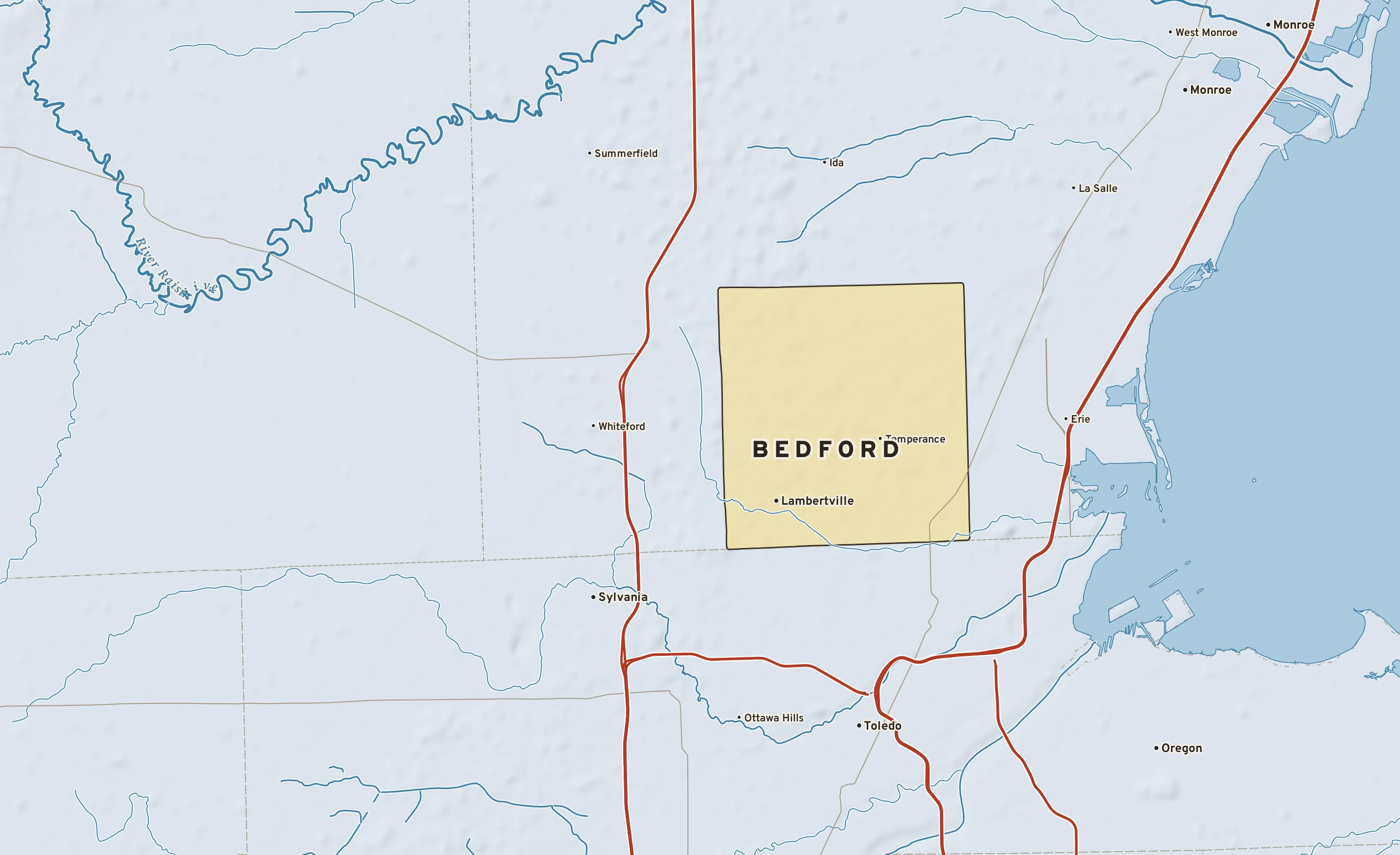 Shaded-relief atlas plate of Bedford, Michigan: rivers, roads, the city limits and where the water drains.