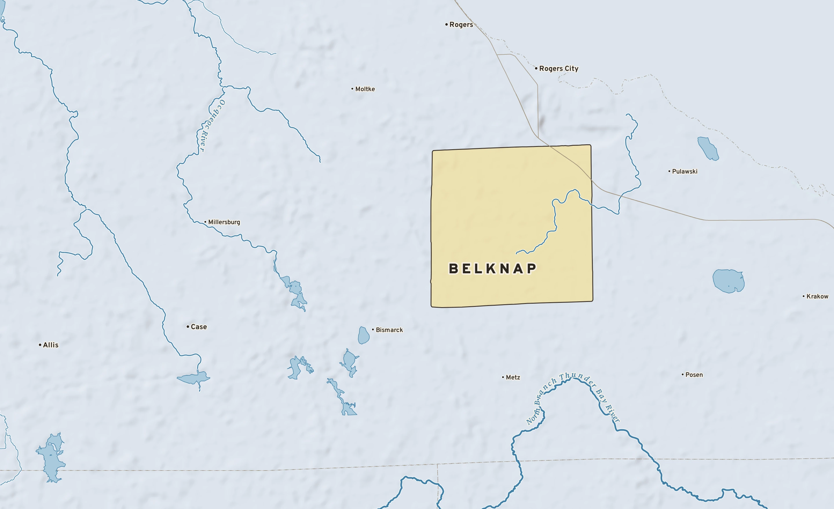 Shaded-relief atlas plate of Belknap, Michigan: rivers, roads, the city limits and where the water drains.
