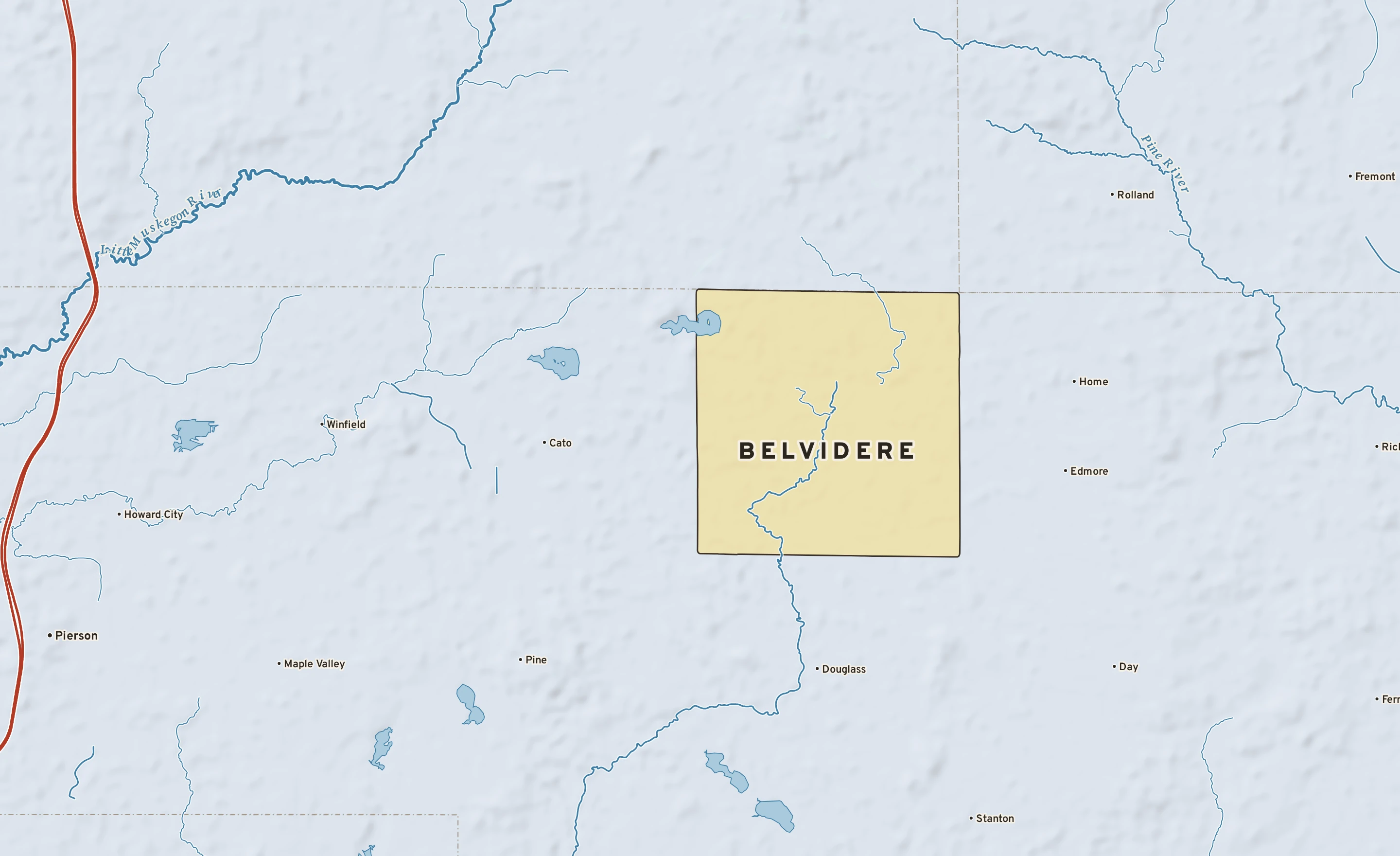Shaded-relief atlas plate of Belvidere, Michigan: rivers, roads, the city limits and where the water drains.